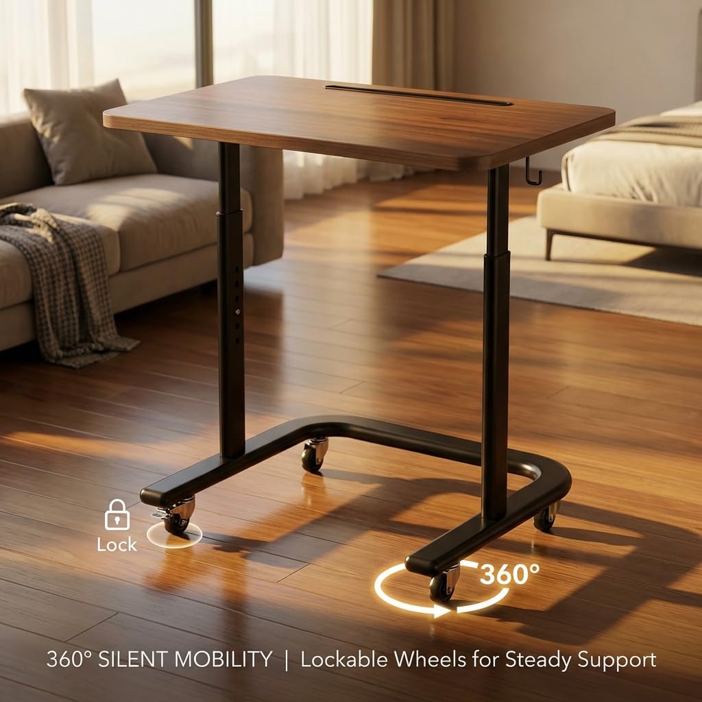 BUYIFY Height Adjustable TV Tray Table on Wheels - Rolling Laptop Desk for Bed & Sofa - C Shaped Side Table for Recliner, Small Spaces & Walking Pad-Dark Walnut- FRD1
