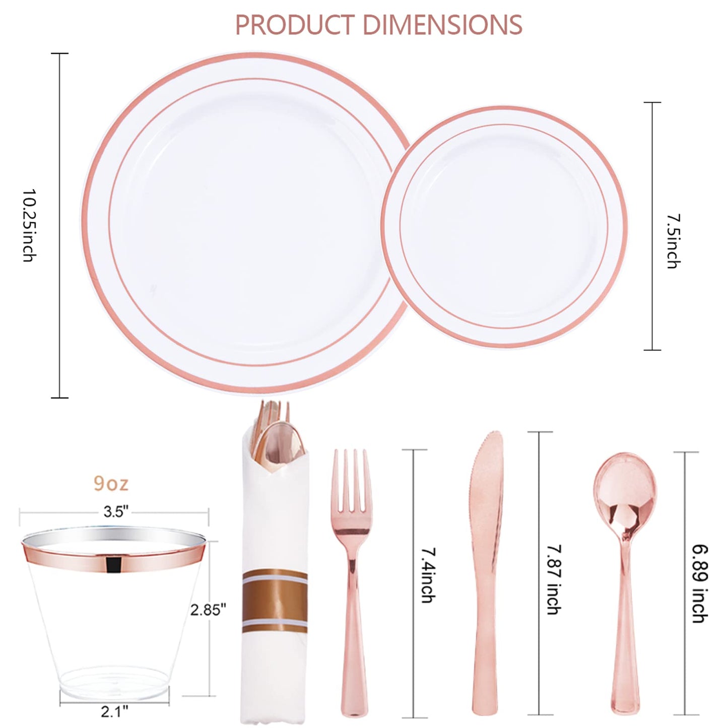 WELLIFE 350 Pieces Rose Gold Plastic Dinnerware, 50 Guests Disposable Plates with Rose Gold silverware and Cups, 50 Pre Rolled Napkins with Cutlery, Perfect for Wedding and Party