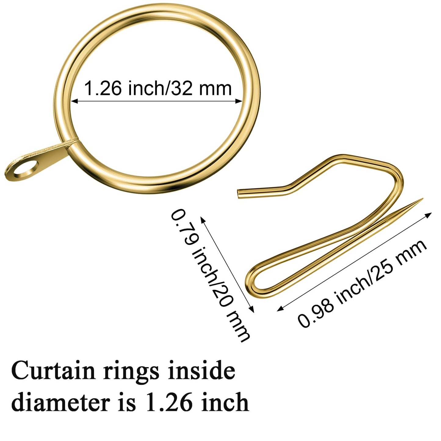 Hotop 60 Pieces 1.26 Inch Metal Drapery Curtain Rings Curtain Hanging Rings and 60 Pieces Metal Drapery Pin Hooks for Drapes Window Door Shower (Gold)