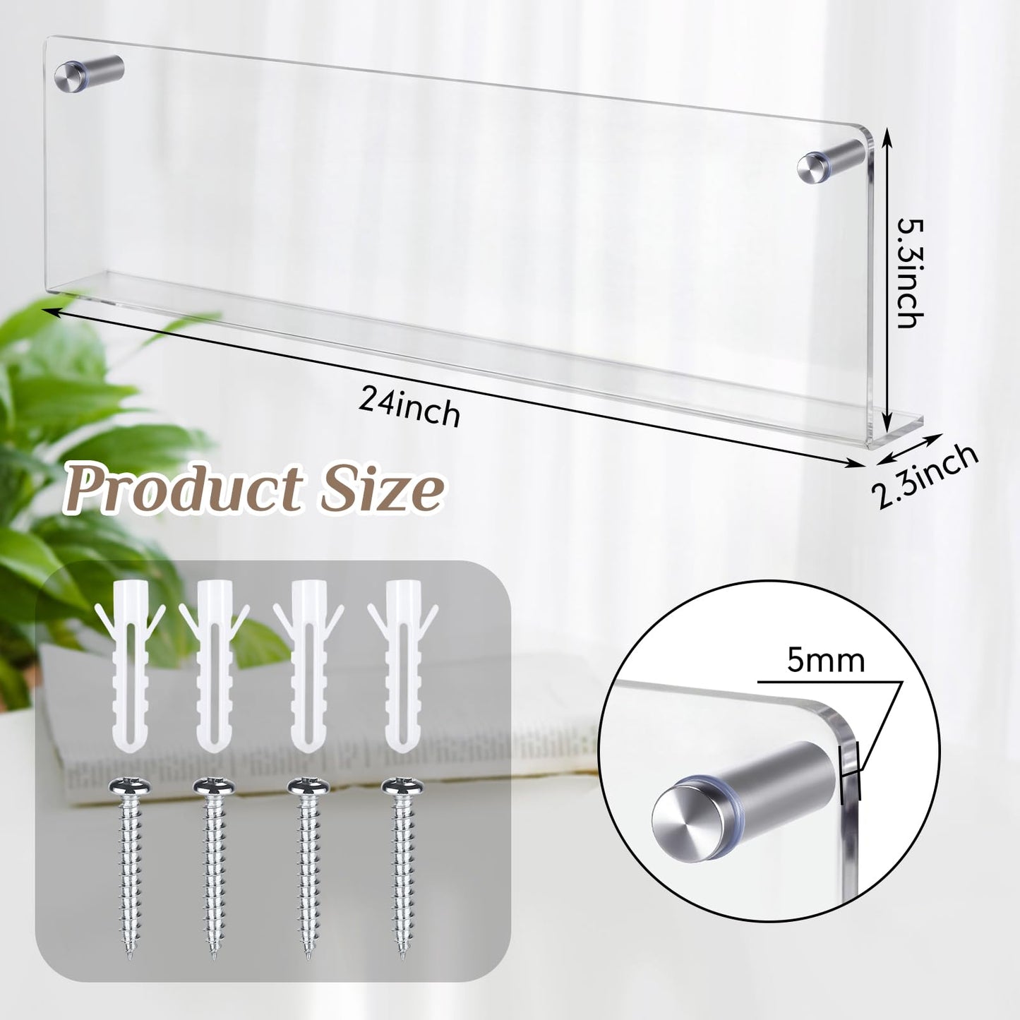 Fiwochic 2 Pack Clear Acrylic Magazine Holder Brochure Holder Wall Mount Hanging Bookshelf Literature Storage Rack for Document Brochure File Display Shelf for Waiting Living Room Office (24 Inch)