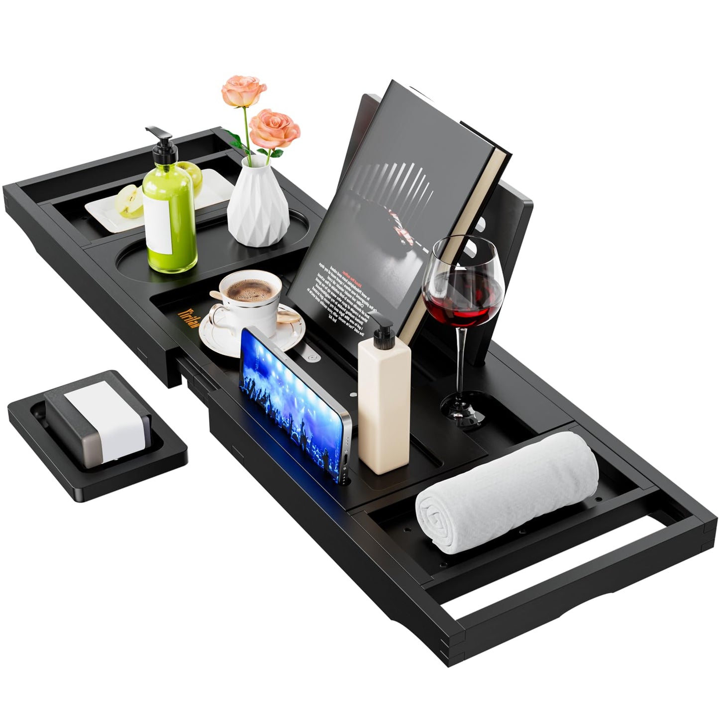 Yirilan Bamboo Bathtub Tray Caddy,Premium Bathtub Tray Caddy, Expandable Bath Tray,Gifts for Women,Black