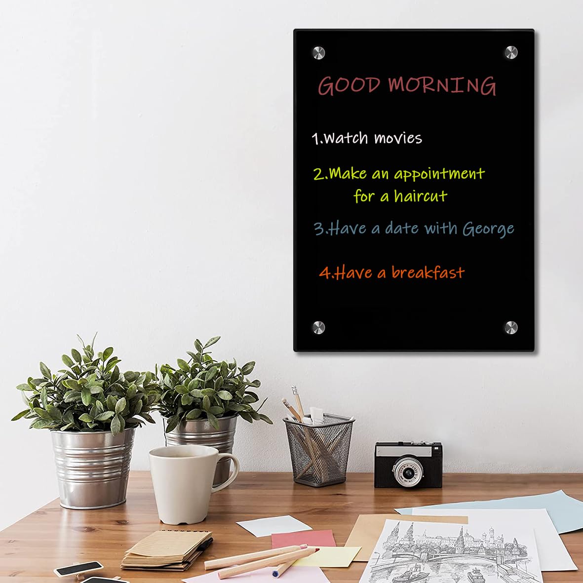Black Glass Dry Erase Whiteboard, 18" x 24" Frameless Glass White Board for Home, School, Office, Black Surface