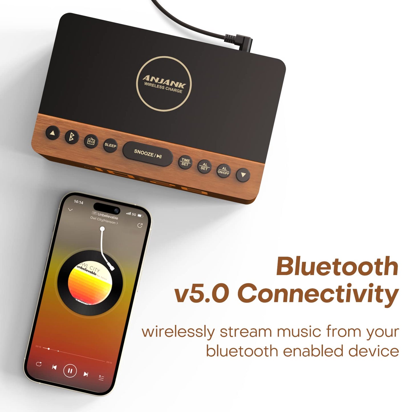ANJANK Wooden Bluetooth Speaker, Alarm Clock with FM Radio, Qi Certified Fast Wireless Charging Station for iPhone/Samsung, USB Charger Port, Dimmable Display, Digital Wood Clock for Bedroom, Bedside