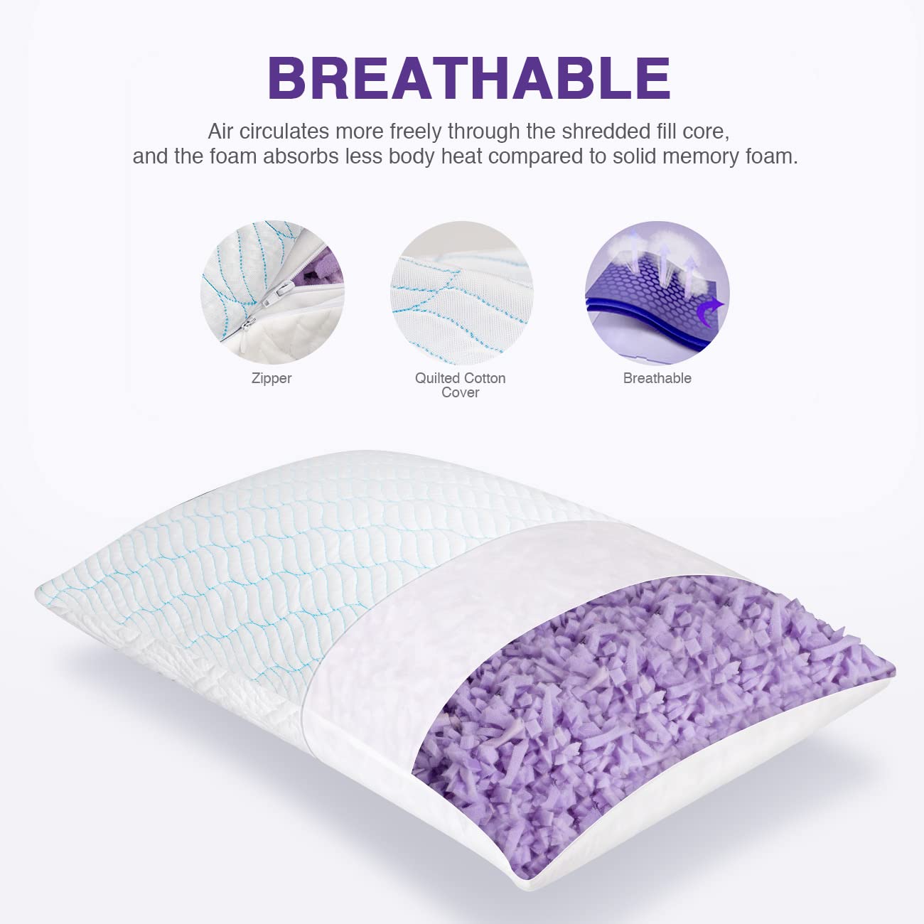 WISHSMILE Cooling Shredded Memory Foam Pillows for Sleeping Cool Cold Pillow Standard Size Set of 2 with Zipper, Adjustable Firmness to Hot, Side, Back and Stomach Sleepers, 2 Pack, 20x26