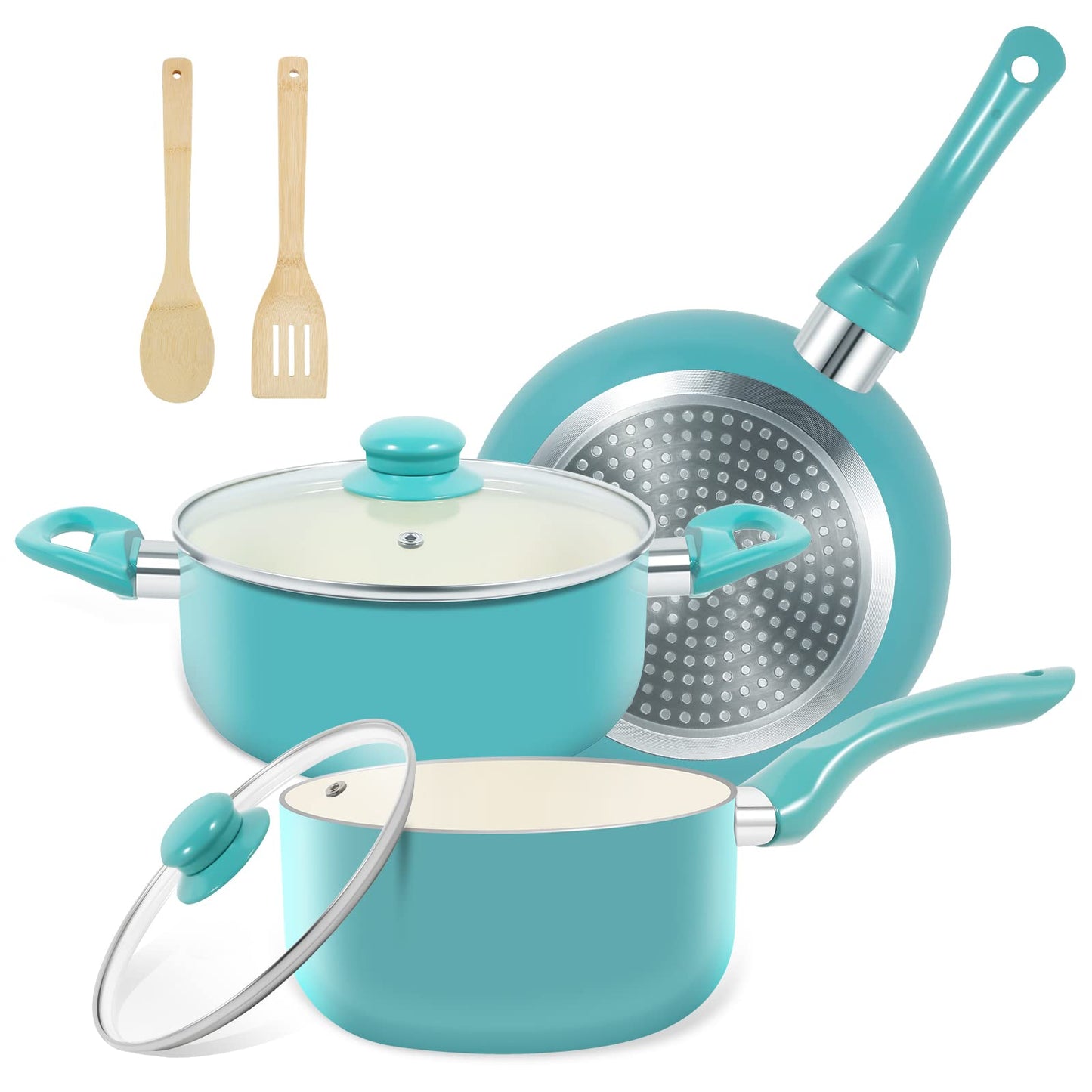 M MELENTA Pots and Pans Set, 7 Piece Nonstick Ceramic Cookware Set, Kitchen Induction Cookware Sets, Pots and Pans Non Stick with Stay Cool Handle, 100% PFOA Free, Turquoise