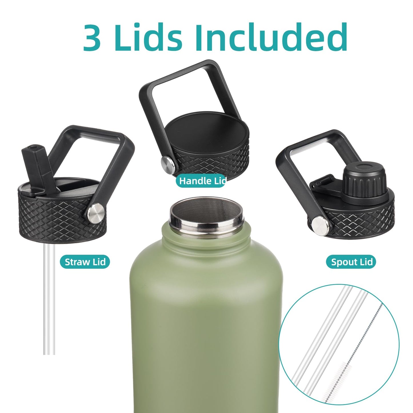 Konokyo Half Gallon Insulated Water Bottle with Straw,64 oz 3 Lids Water Jug with Carrying Bag,Paracord Handle, Double Wall Vacuum Stainless Steel Metal Flask,Camp Green
