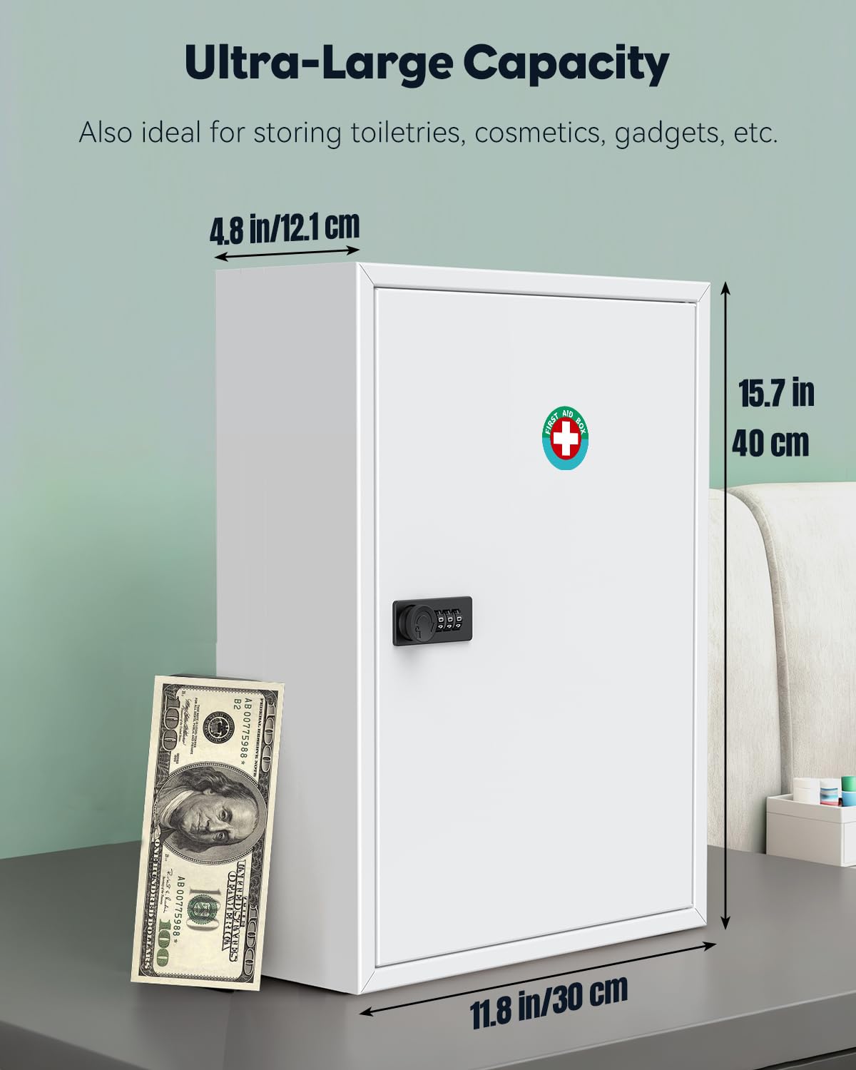 Uniclife Wall Mount Medicine Cabinet with Combination Lock, Locking First Aid Cabinet, Lockable Medical Cabinet, Large Capacity Medicine Organizer, Secure Steel Wall Cabinet Metal Storage Box, White