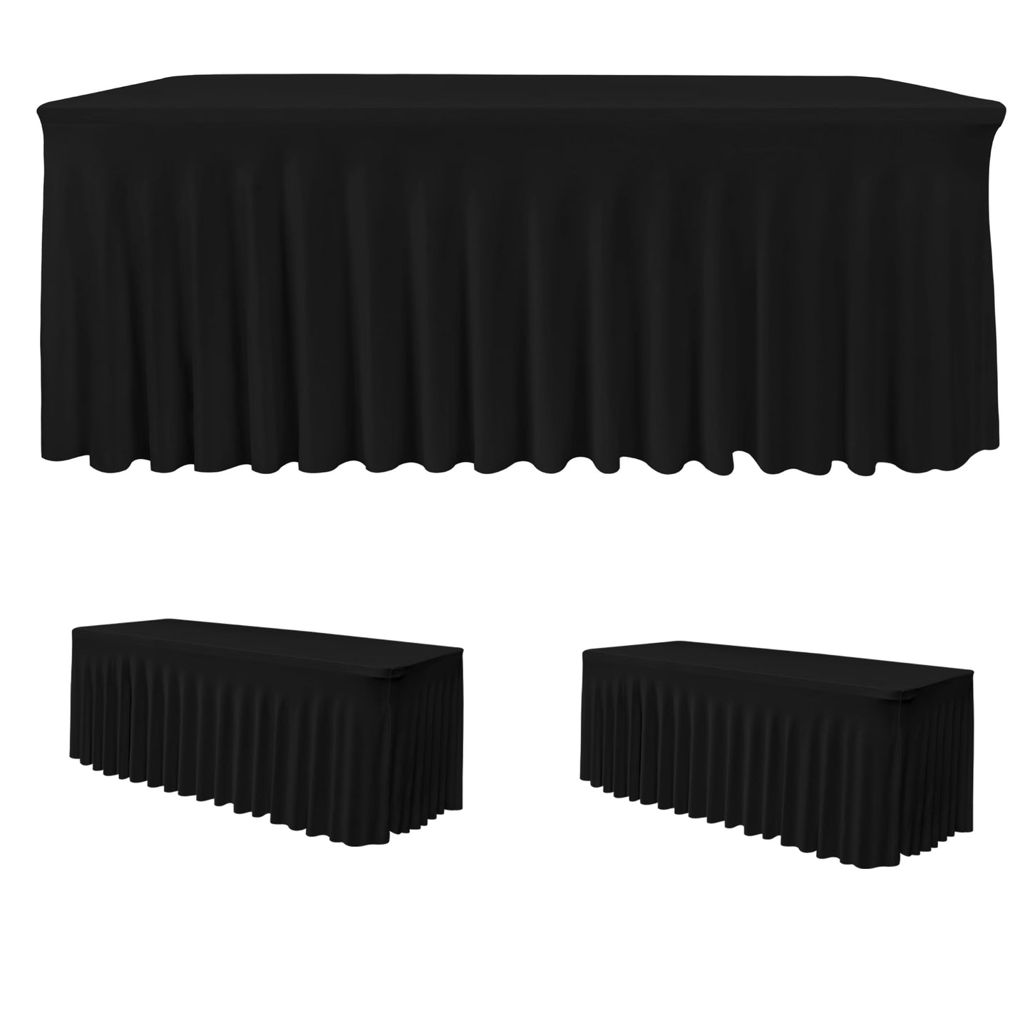 HolidayIdeas 2 Pack Spandex Table Skirt for 6 Ft Rectangle Tables, Black Fitted Stretch Tablecloth 30 x 72 Inch, Wrinkle Resistant Ruffle Design for Wedding Banquets, Trade Shows, Parties