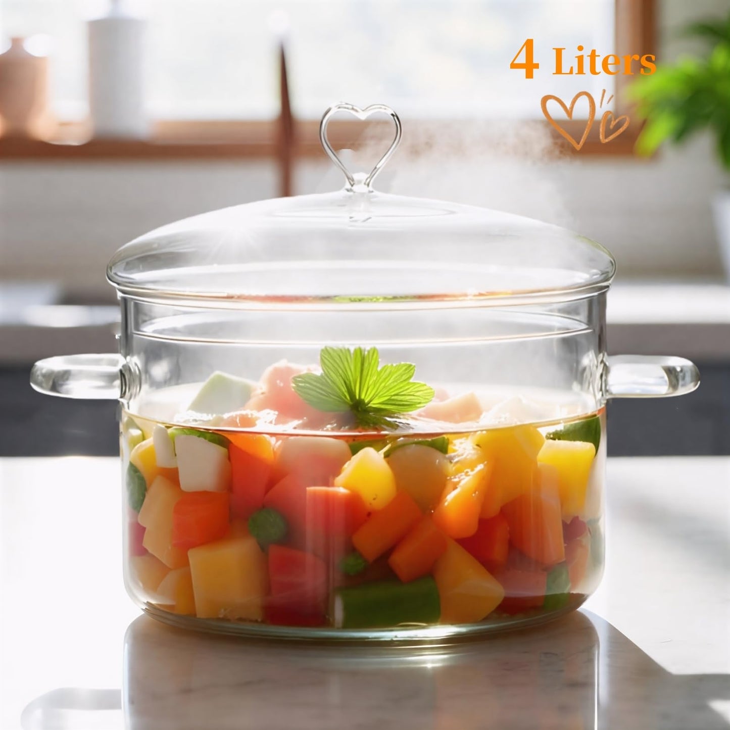4 L Glass Cooking Pot with Lid, Glass Simmer Pot, Save Energy, Heat Resistant, for Water-based Recipes. Heart Shape Lid, Clear, 4.2QT(4000ml)