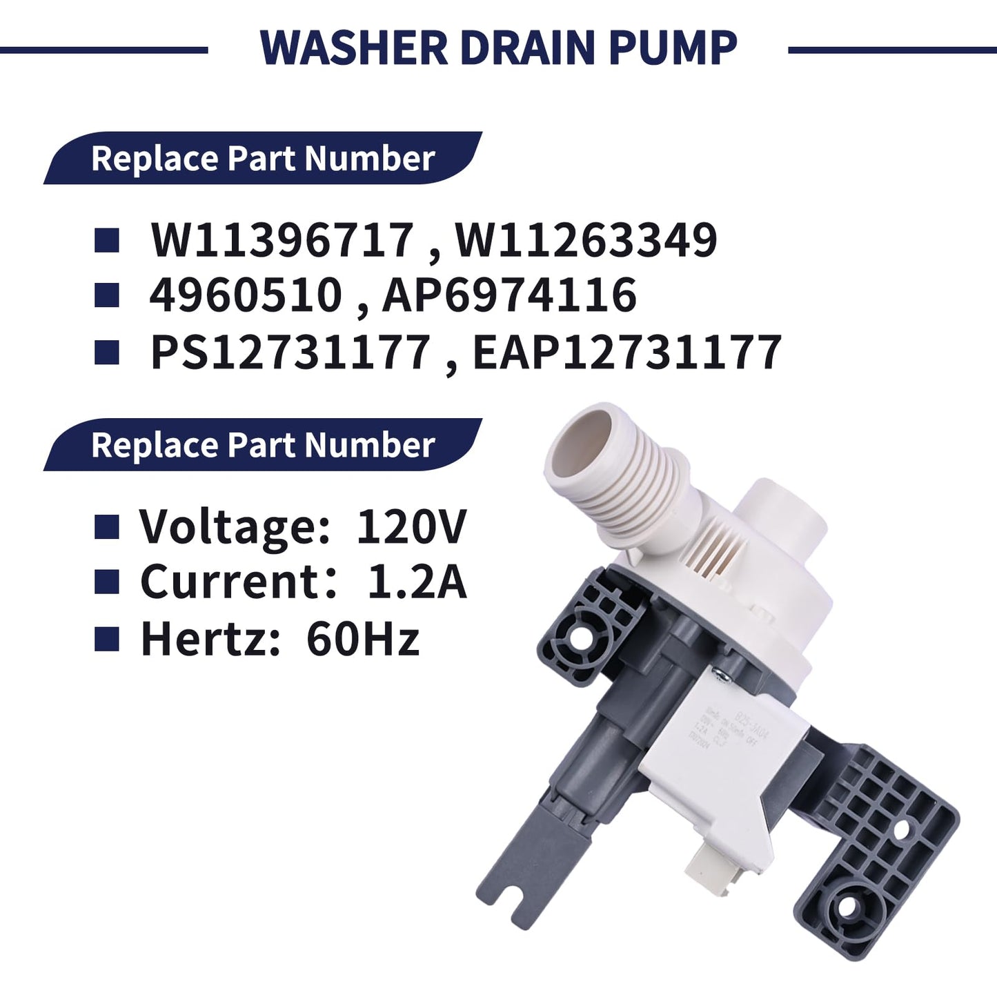 Magimaker 2025 Upgrade W11396717 W11263349 Washer Drain Pump Compatible with Whirlpool Maytag Kenmore Washing Machine Water Drain Pump Repalce W11396717 W11263349 120V 60Hz 1.2A