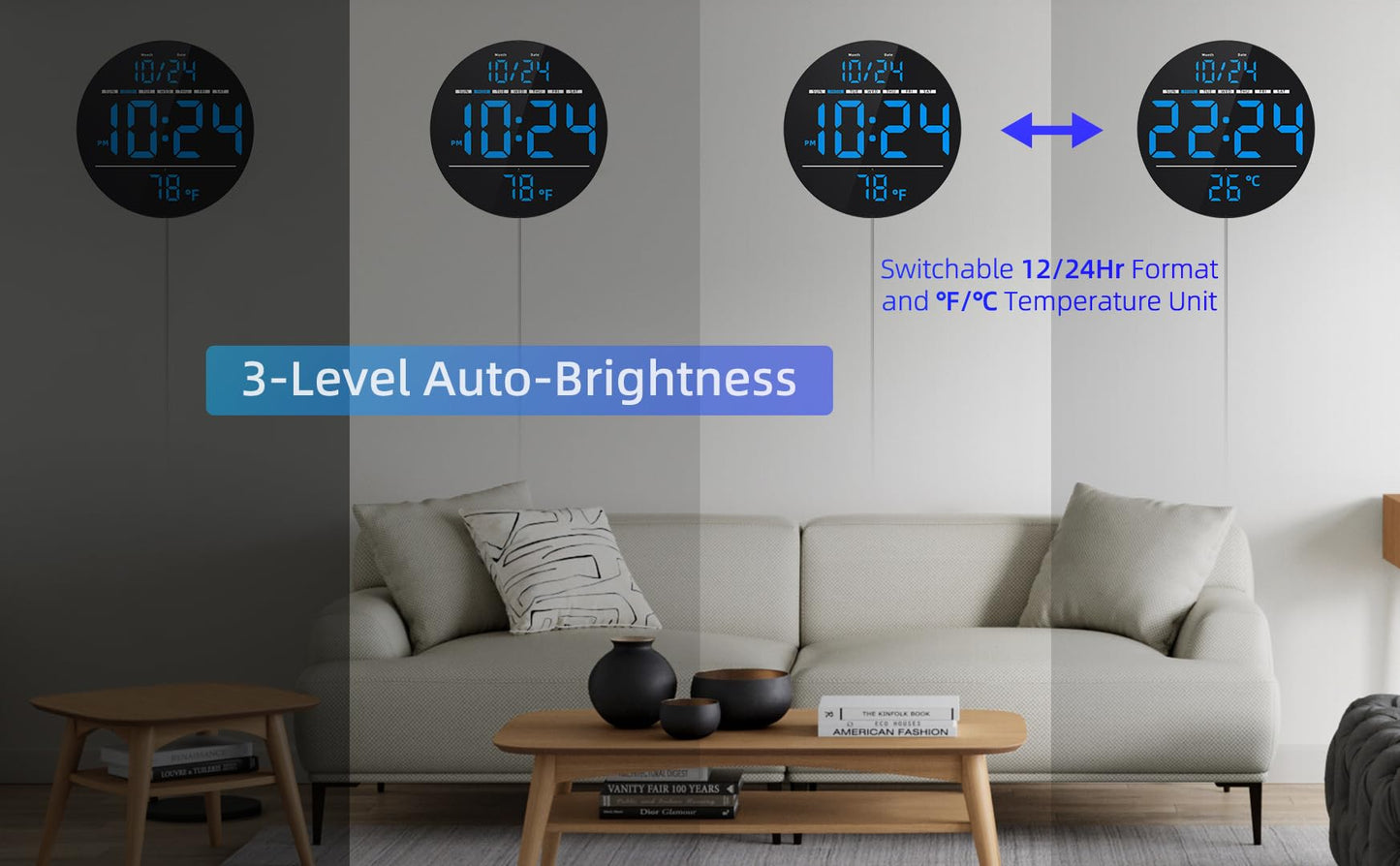 Digital Wall Clock with Large LED Display, Date, Temperature, Auto-Brightness | Small [PLUG-IN] Clock | Modern Electric Wall Clock for Bedroom, Classroom, Living Room, Home, Office, Farmhouse - Blue