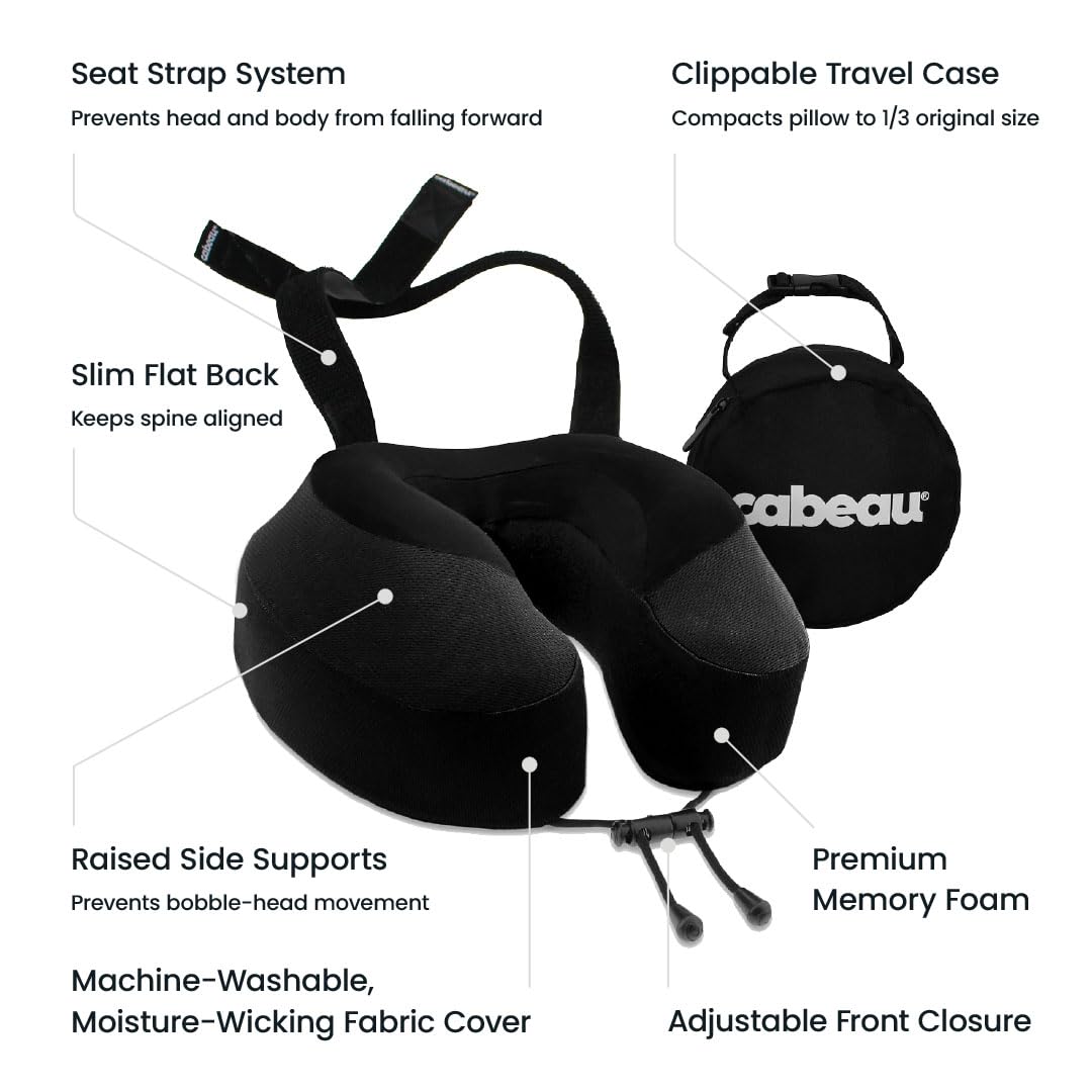Cabeau Evolution S3 Airplane Travel Pillow for Long Flights - Supportive Memory Foam Body Positioner with Seat Straps to Secure Your Head and Neck and Provides 360 Support (Jet Black)