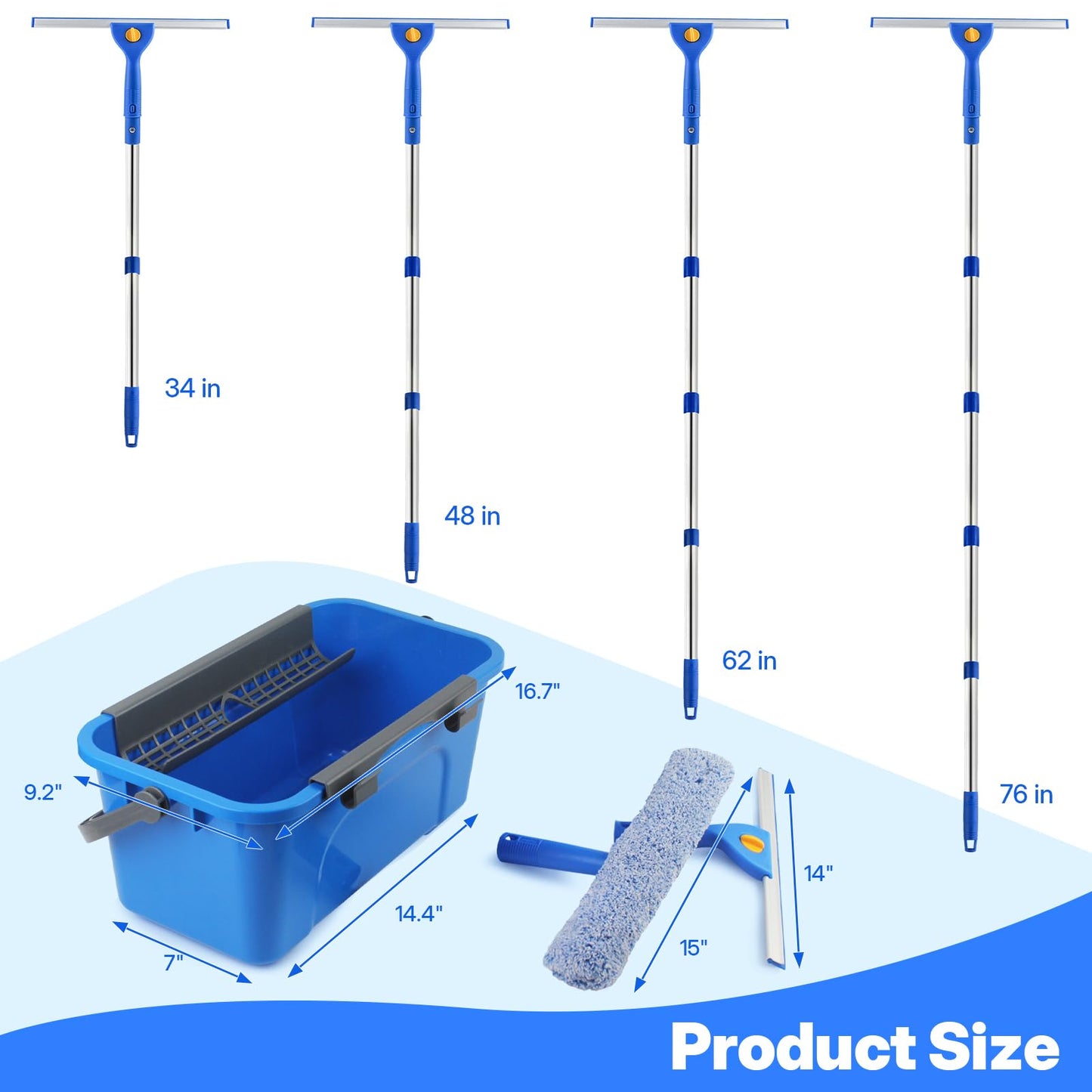 Professional Window Cleaning Kit with Bucket 3 Gallon, 76" Long Handle Window Squeegee and Microfiber Scrubber, High Windows Washing Equipment, Window Cleaner Tool for Commercial, Home, Outdoor, Car
