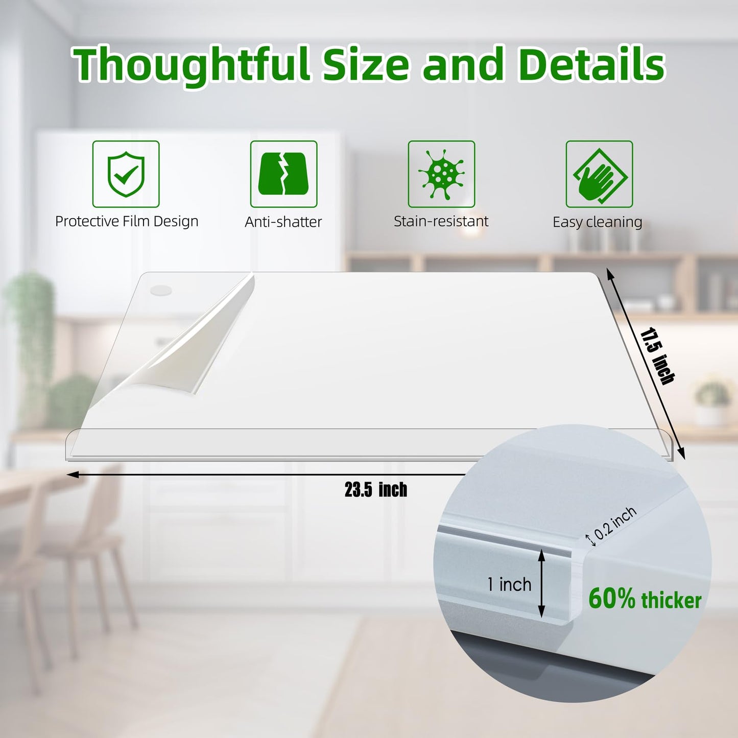 SWSKR Acrylic Cutting Board with Counter Lip,23''x17"Large Clear Cutting Board for Kitchen Countertop,Non-Slip,60% Thicker,Perfect for Bread,Meat,Veggies & More,Great Kitchen Essential Gadgets & Decor