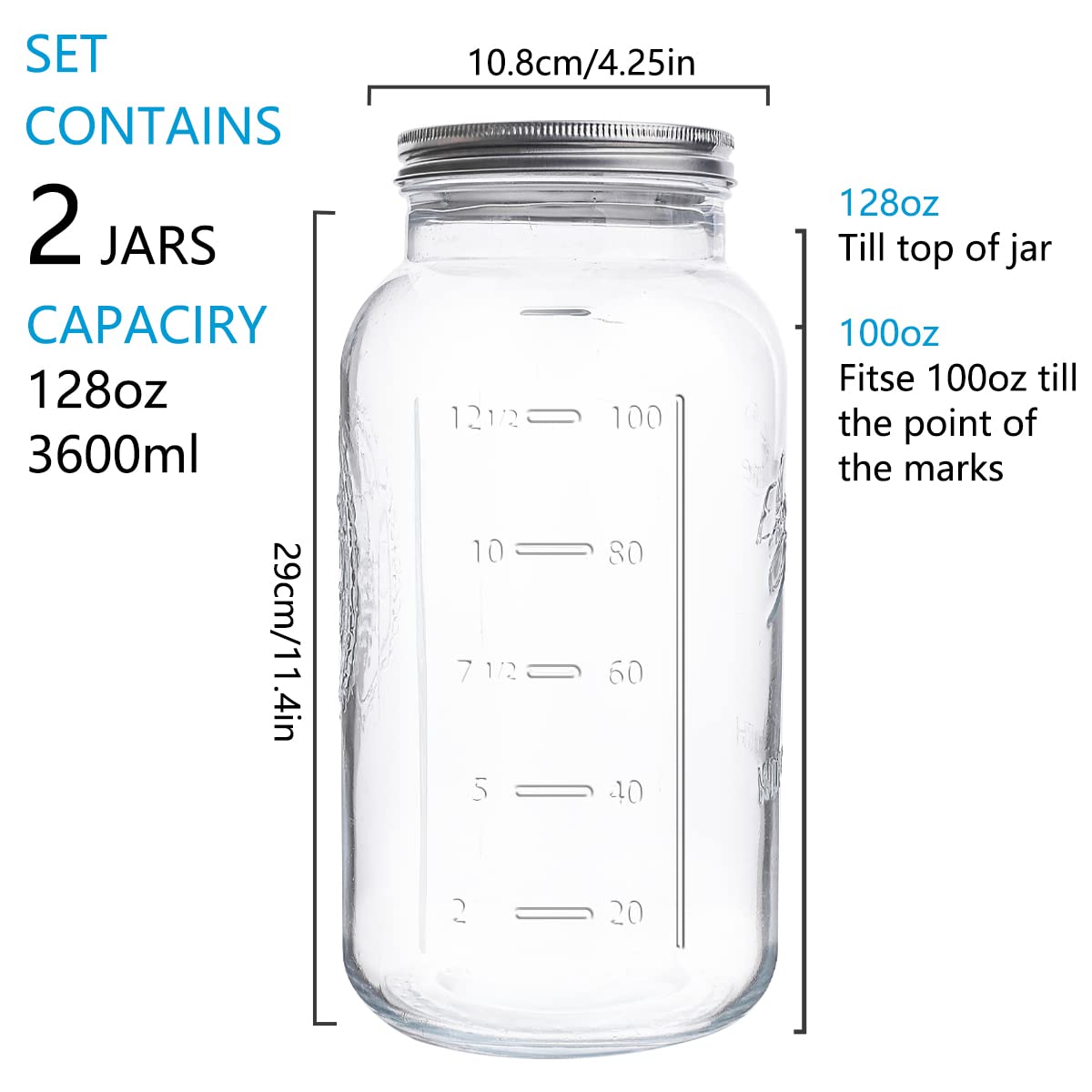 eleganttime 128 oz Mason Jars Extra Wide Mouth 2 Pack, 1 Gallon Glass Large Jars with Airtight Lid, Safe for Food Storage,Curing, Fermentation and Preservation(Not standard wide mouth)