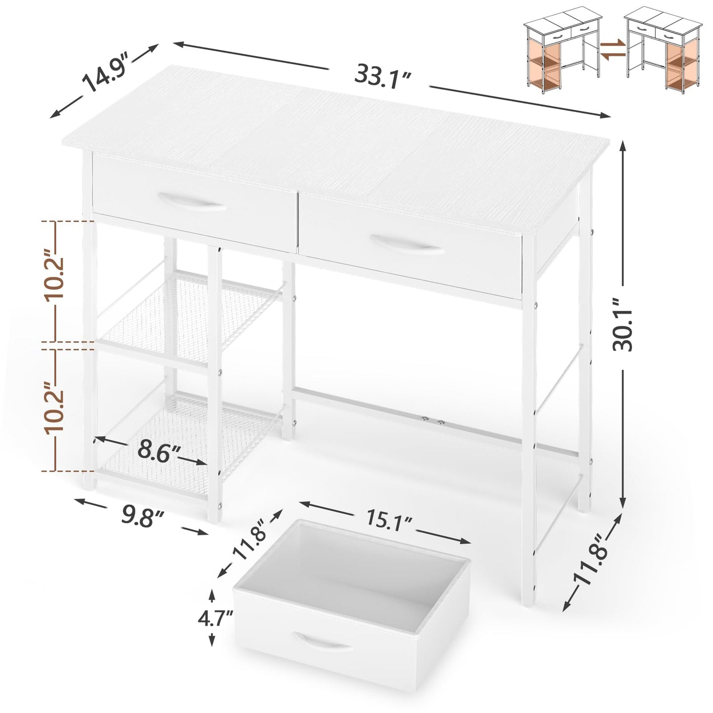 ThreeHio Small Writing Desk with 2 Drawers, White Computer Desk with Storage Shelf, Home Kids Study Table for Small Spaces, Simple Desk for Bedroom, Home Office, Living Room, Dorm, Vanity Desk, White