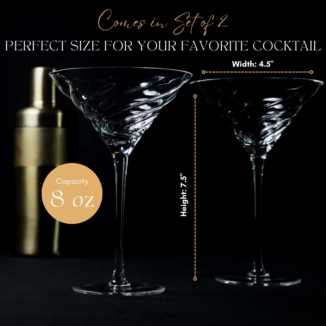 Vortex Martini Glasses Set of 2 – Premium Crystal Cocktail Glasses with Vortex Spiral Design, 8 oz Elegant Barware, Gift-Boxed for Mixologists & Cocktail Enthusiasts