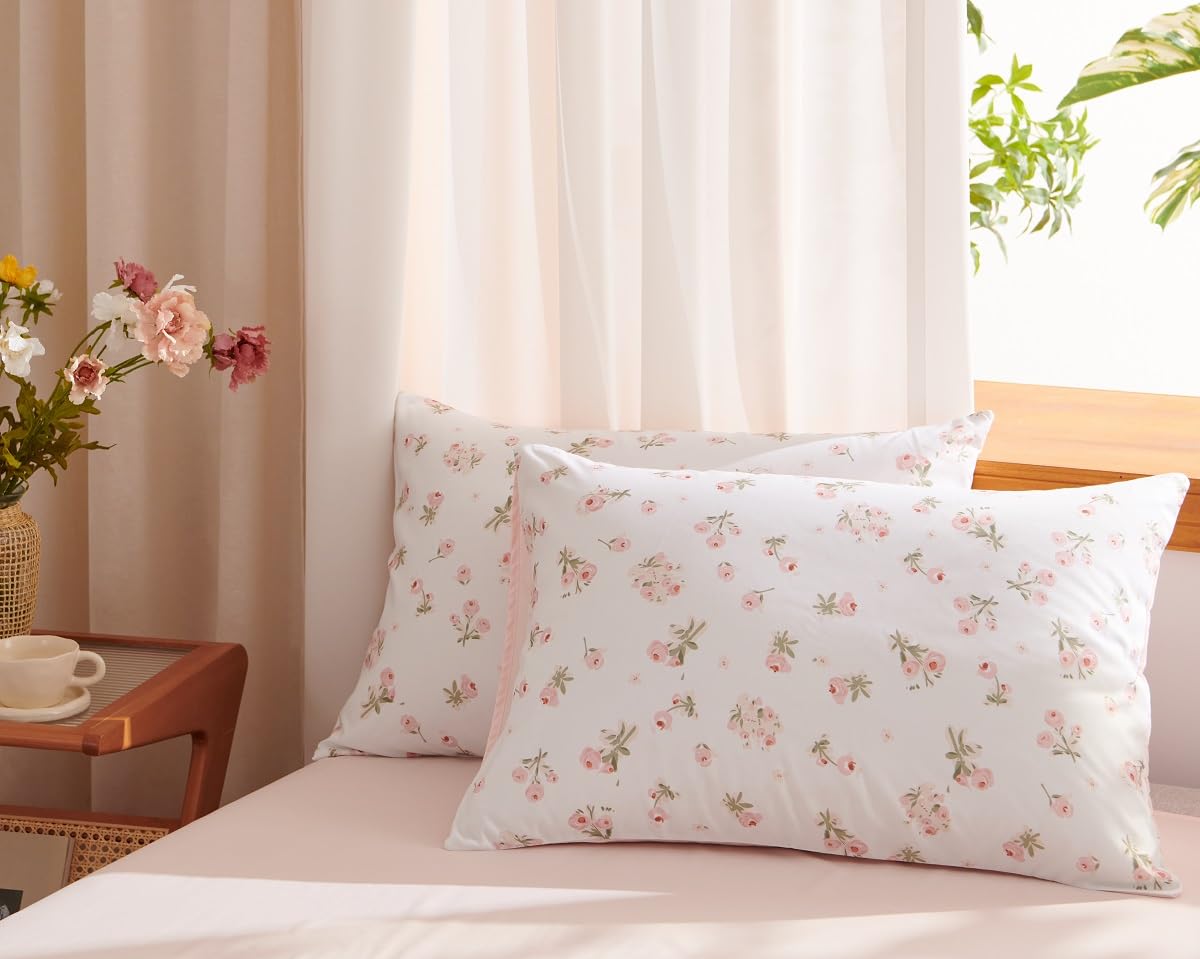 Erwinmu Floral Comforter Set Queen Size - 3 Pieces Pink White Floral Comforter Bedding Sets Reversible Pattern,Queen Bed in a Bag with Flowers Comforter and 2 Pillowcases