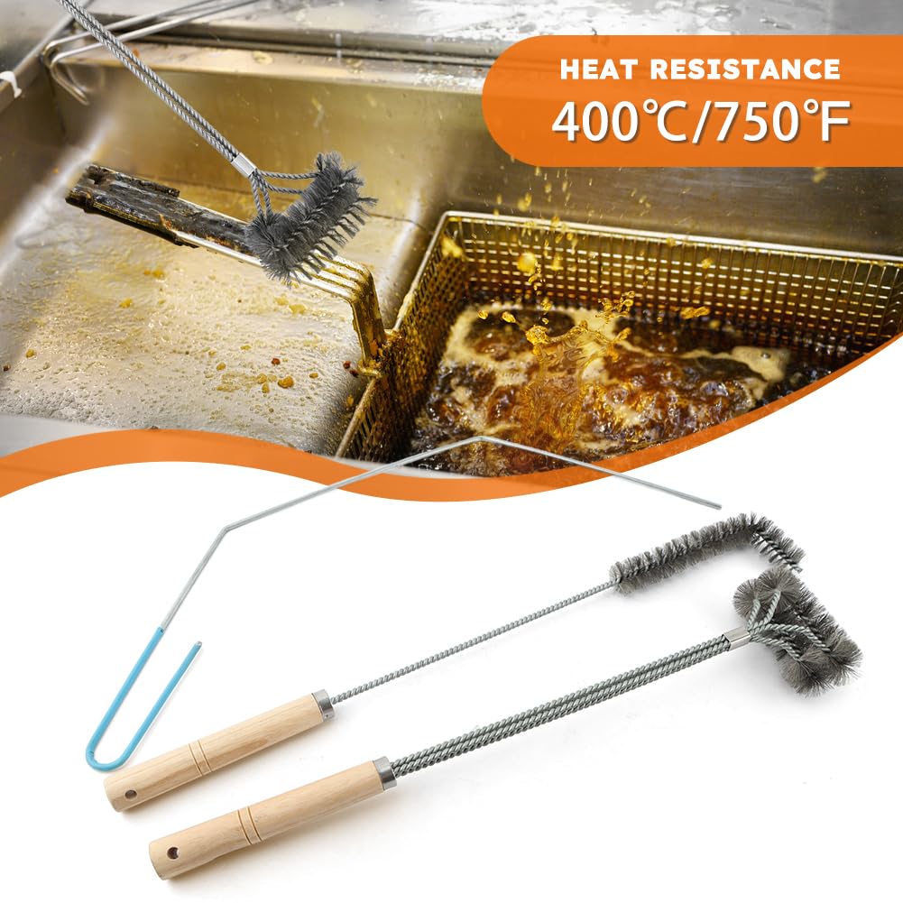 3 pcs Stainless Steel Fryer Cleaning Tools, Including L-Shaped Fryer Cleaning Brush Kitchen Fryer Cleanout Rod Long Handle Deep Fryer Basket Cleaning Brush Kitchen Restaurant Accessories
