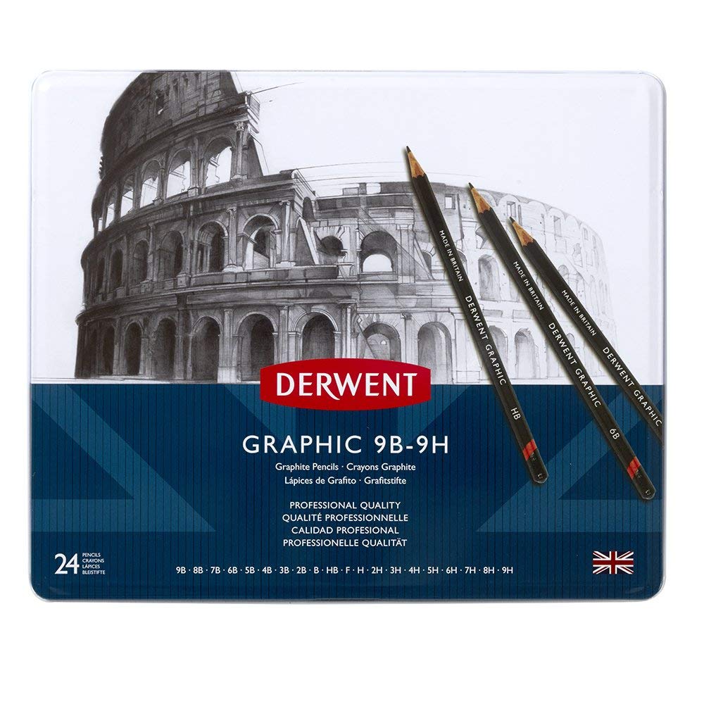 Derwent 34202 Graphic Full Set Graphite Drawing Pencils, Professional Quality (9B-9H), Black,Set of 24
