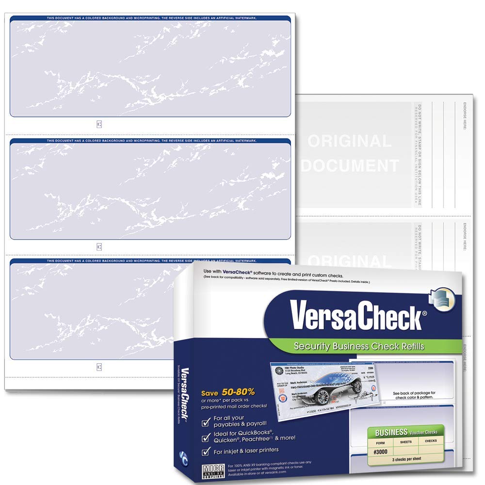 VersaCheck Secure Checks - 750 Blank Business Checks - Blue Prestige - 250 Sheets Form #3000-3 Per Sheet