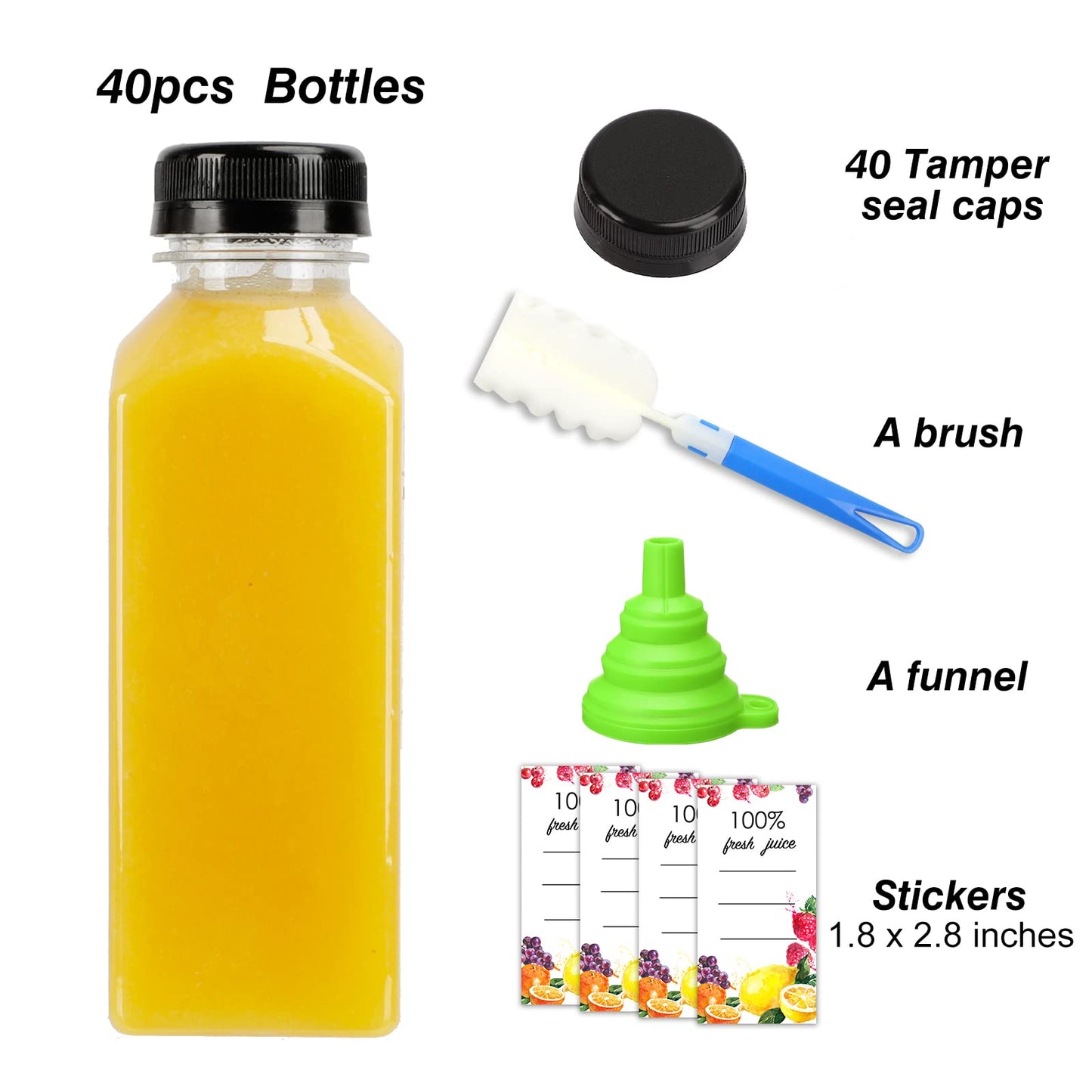 Moretoes 40pcs 12oz Plastic Juice Bottles with Caps, Bulk Clear Beverage Containers for Juicing Drinking Milkshake Tea and Other Beverages