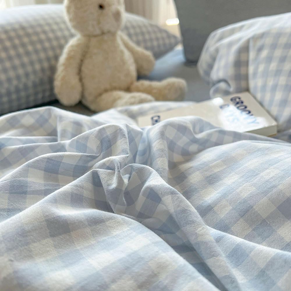 Nayoroom Blue Gingham Comforter Set Queen Size Plaid Checkered Comforter 3 Pcs Soft Lightweight Grid Farmhouse Dorm Bedding Set for All Seasons (1 Comforter, 2 Pillowcases)