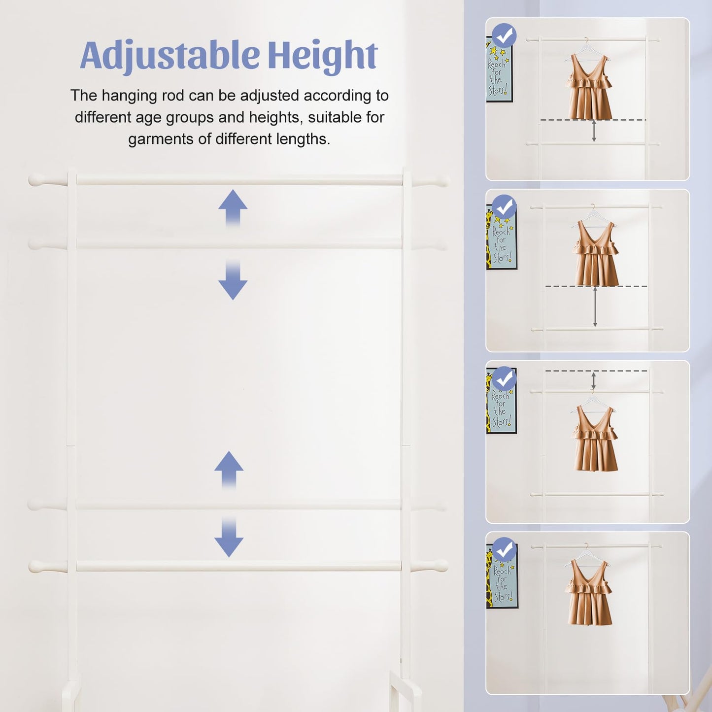 Vilaxing Kids Clothing Rack Bamboo with 2 Storage Baskets and 2 Adjustable Hanging Rods,Child Garment Holder with Shelf, Dress up Stand for Playroom,Toddlers Bedroom (White)