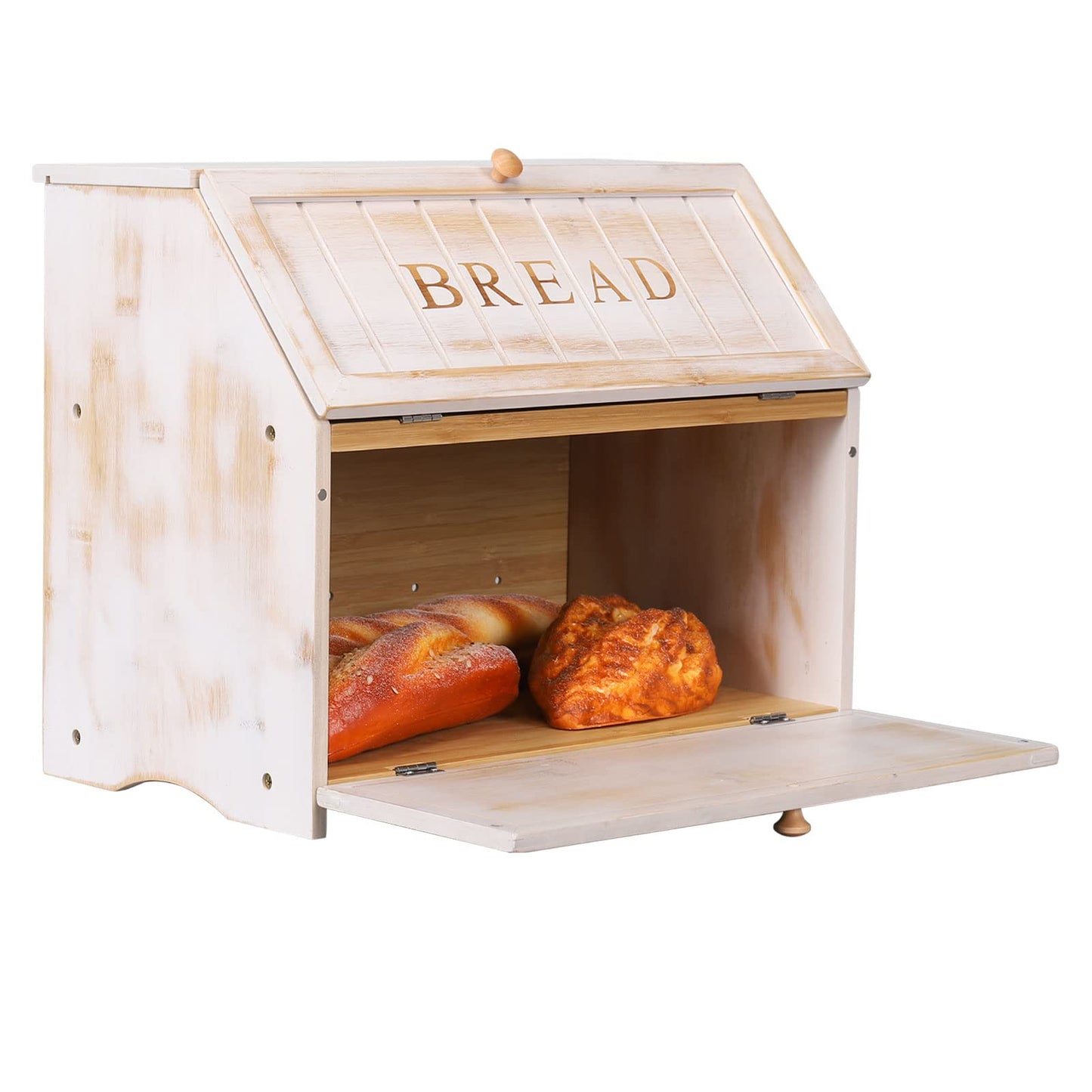 HOMEKOKO Vintage Double Layer Large Bread Box for Kitchen Counter, Retro Design Wooden Large Capacity Bread Storage Bin (White)