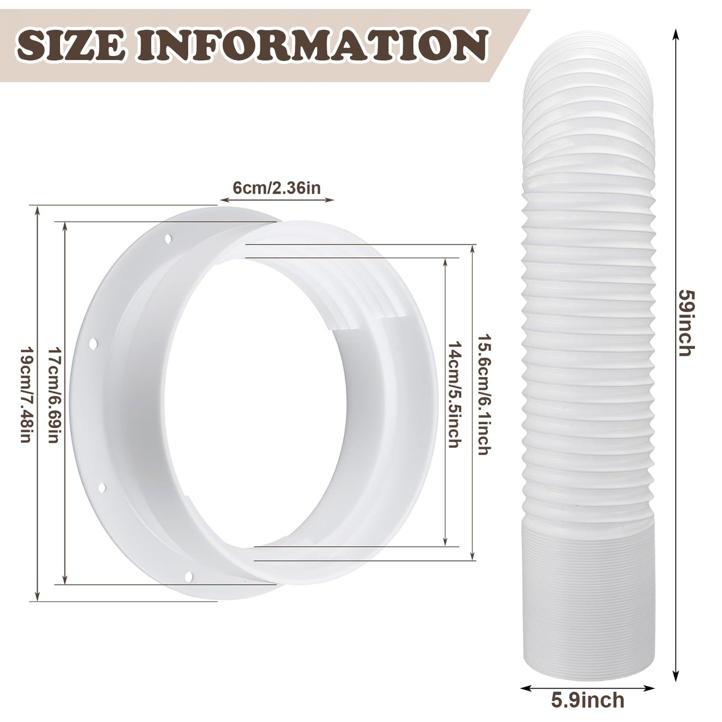 Pushglossy Portable AC Vent Two Size Wall Mount Connector with Hose Ac Exhaust Hose Coupler for 6 and 6.5 Inches Tube with 5.9 Inch Diameter Tube, Cover and Screws Included(59'' Long5.9'' Wide)