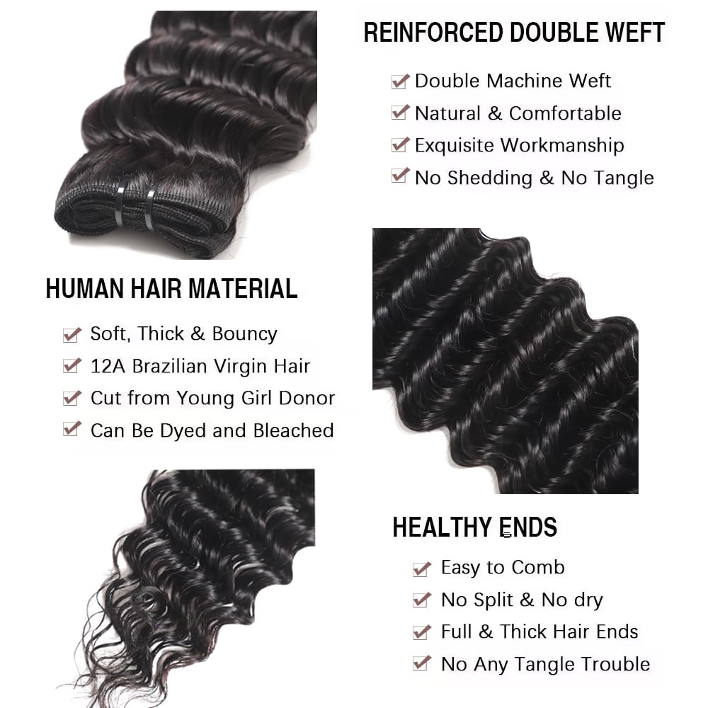 12A Deep Wave Human Hair Bundles 20 22 24 Inch Deep Curly Bundles Human Hair 100% Unprocessed Brazilian Virgin Weave 3 Bundles Water Wave Human Hair Bundles Double Weft Wet and Wavy Bundles Human Hair