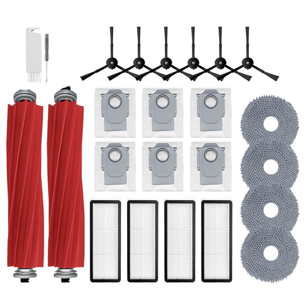 24Pcs Qrevo S Accessories Kit Replacement Compatible with Roborock Qrevo S/Qrevo Plus/Qrevo Pro Robot Vacuum, 2 Main Brush, 4 Mop Cloth Pads, 6 Side Brushes, 4 HEPA Filters,6 Dust Bag, 1 Cleaning Tool