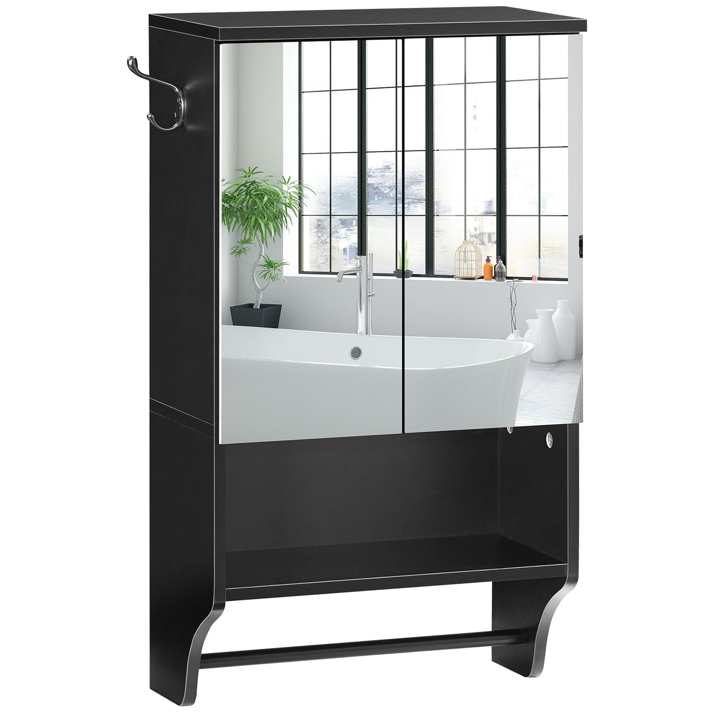 MAHANCRIS Bathroom Wall Cabinet with Mirror, Medicine Cabinet with 2 Door and Adjustable Shelf, Wall Mounted Over The Toilet Storage Cabinet with Towel Bar for Bathroom Laundry Room Kitchen, Black