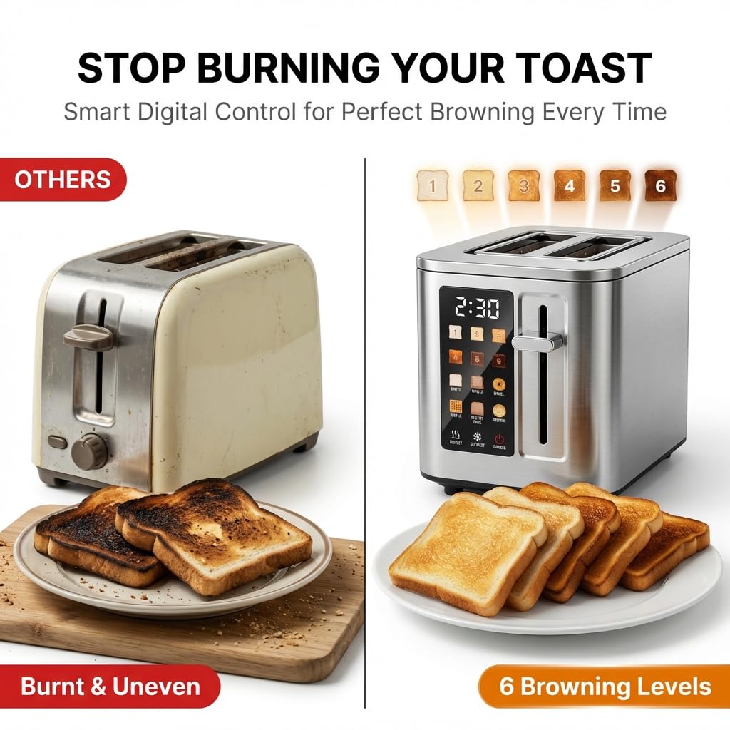 2026 Upgraded TAZTIR Touch Screen Toaster 2 Slice, Premium Stainless Steel Digital Bread Toaster with Timer, 1.5'' Wide Slot, 6 Shade Settings & 6 Bread Types, Bagel Defrost Reheat Cancel Functions