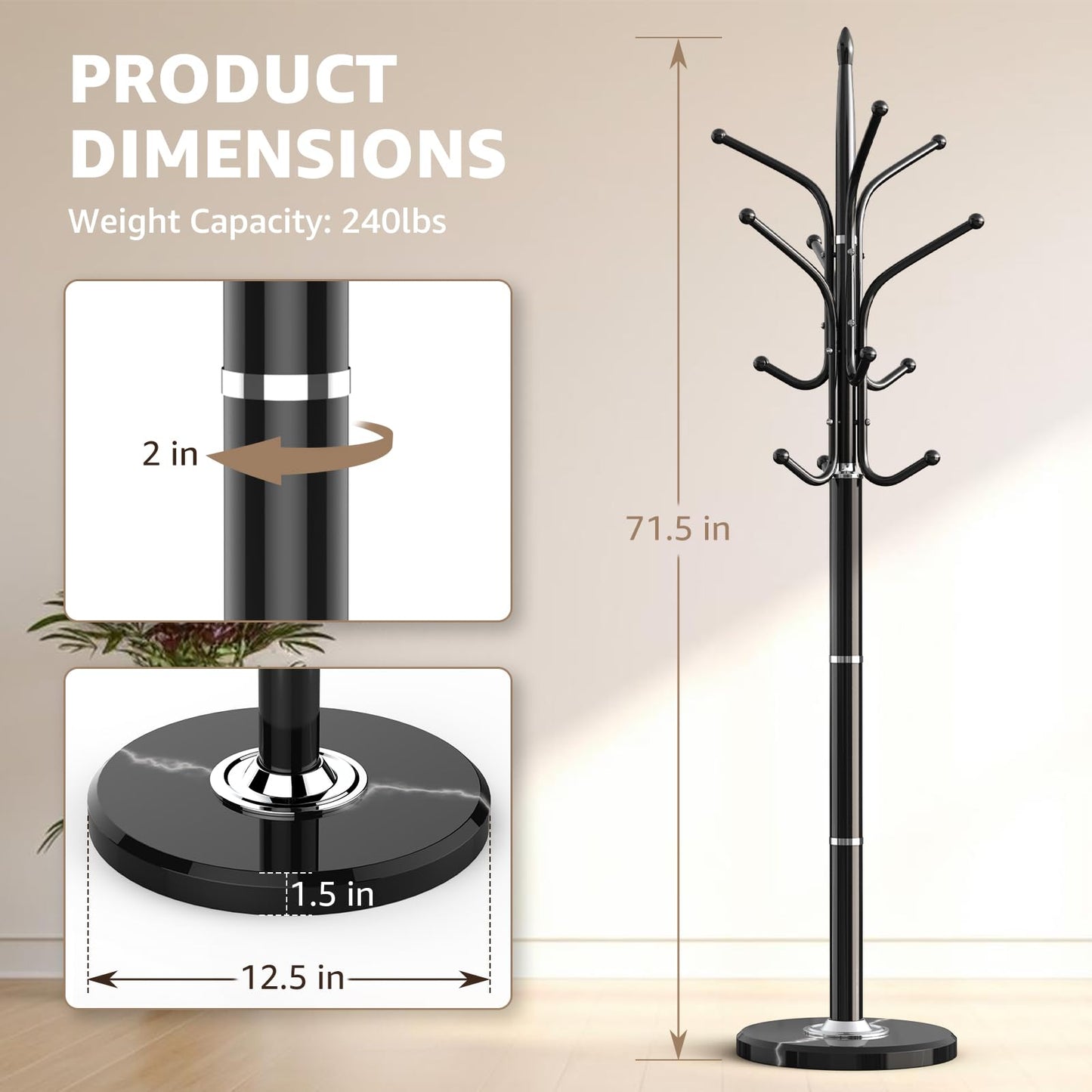 HzTinT Heavy Duty Coat Rack with Marble Base, Freestanding Hall Coat Tree with 12 Hooks and 3 Adjustable Sizes, Metal Coat Rack Stand for Entryway, Bedroom, Office Hanging Purses, Coats, Scarves, Hats