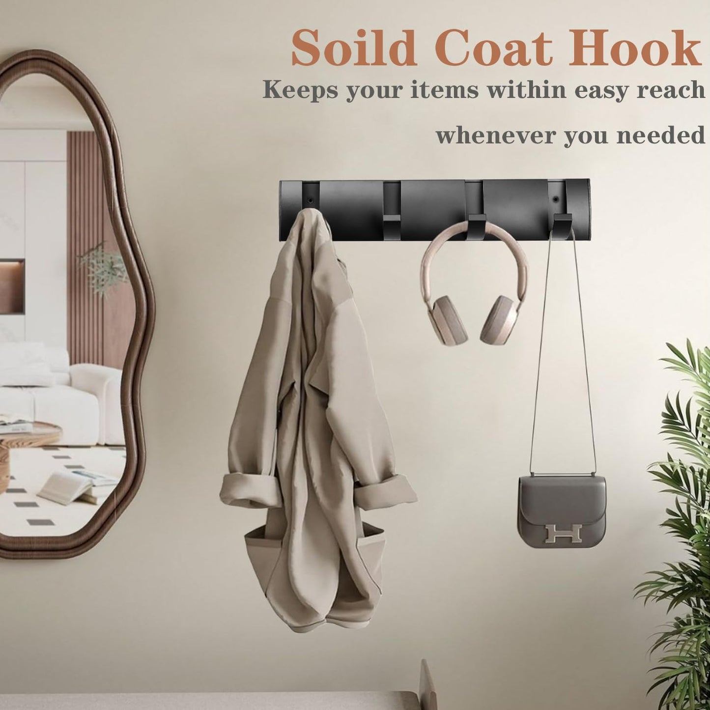 Vanloory Folding Coat Hooks, Wall Mounted Coat Rack with 8 Retractable Hooks, Heavy Duty Towel Rack for Bathroom Wall Hook for Hanging Clothes Bathrobe, Stainless Steel Coat Hanger for Entryway(Black)