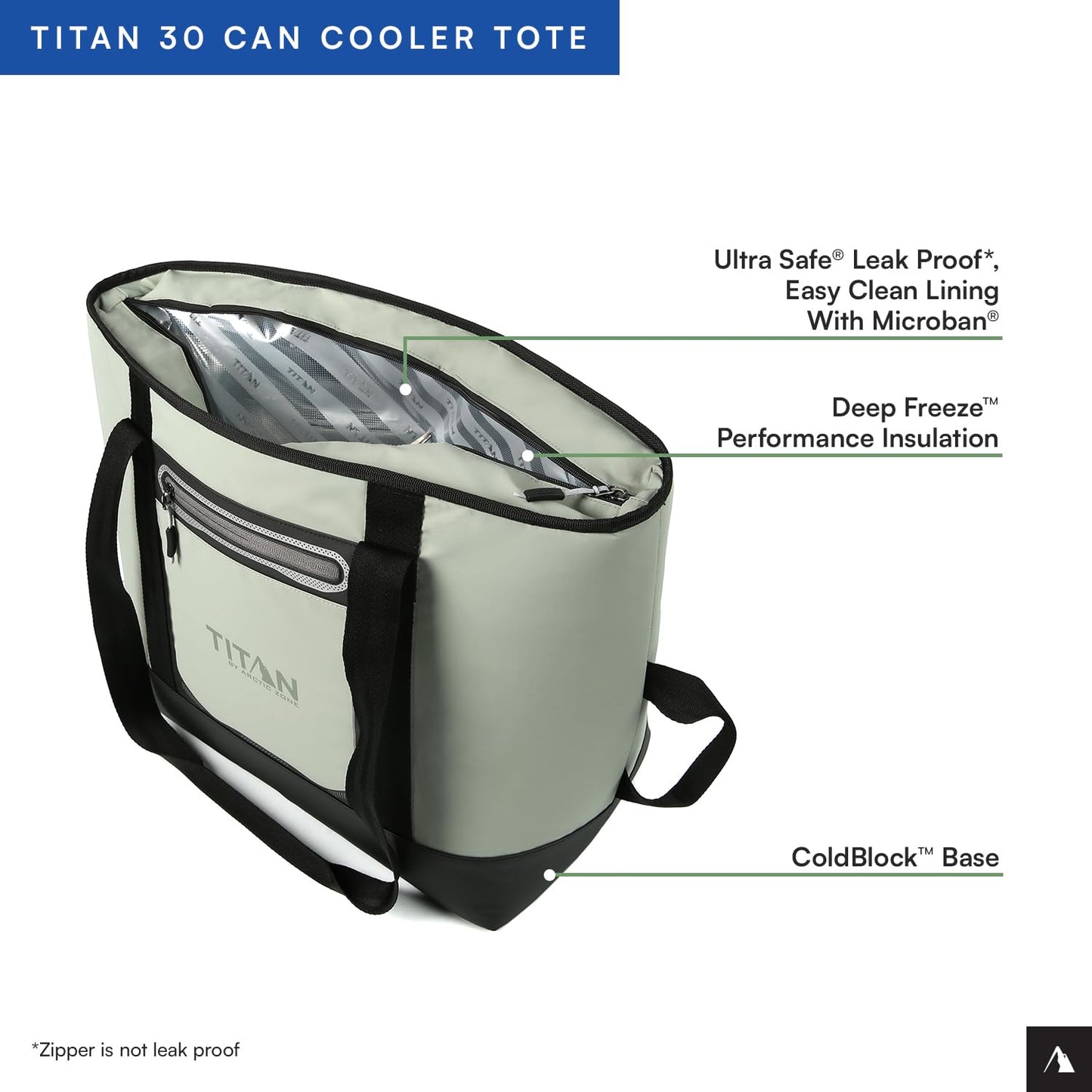 Titan by Arctic Zone Soft Sided Cooler Tote, Insulated Bag with Handle, Shoulder Strap, and Zipper for Lunch, Picnic, and Travel, 30 Can Capacity, Seagrass