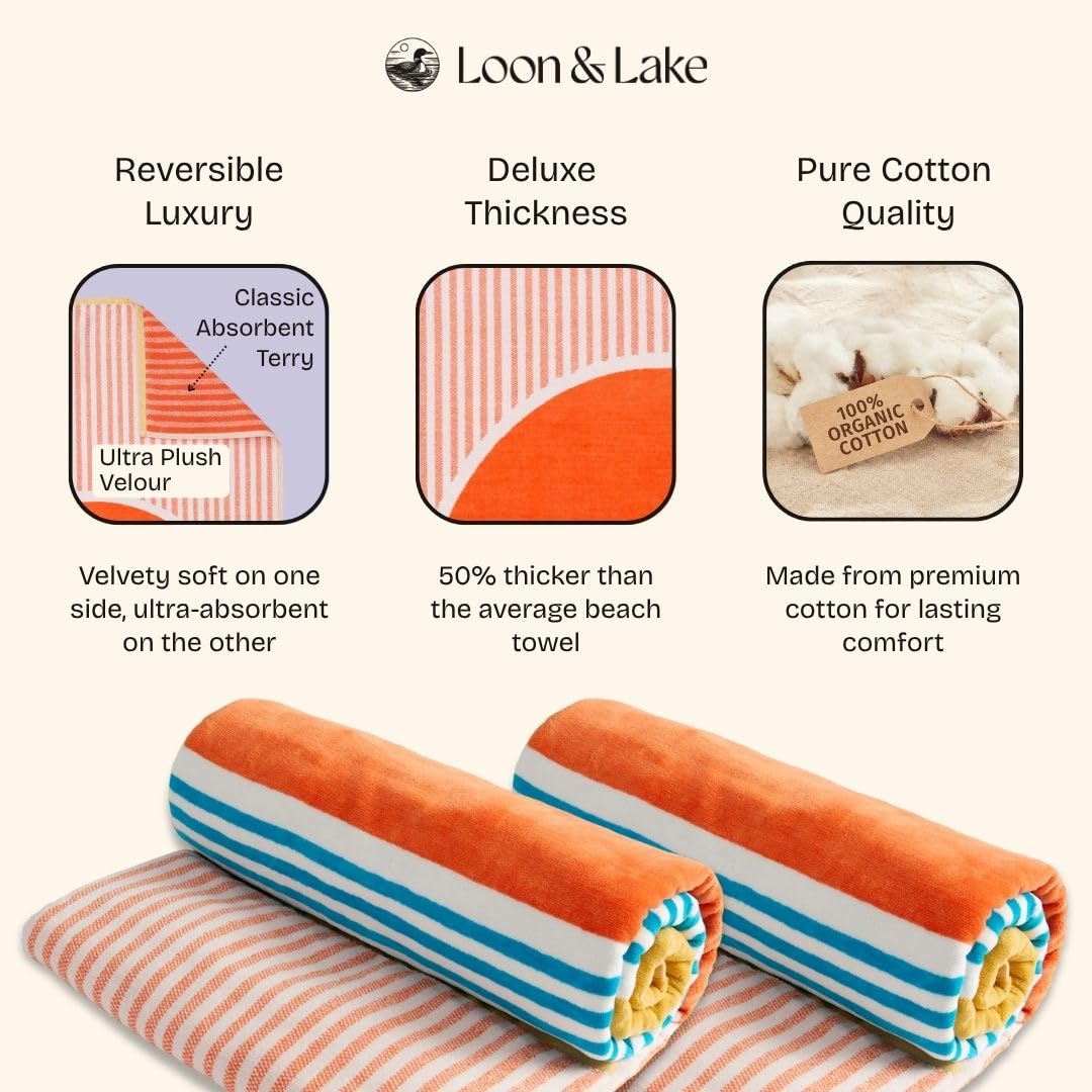 Loon & Lake Luxury Beach Towels Set of 2 - Beach Sunset | 2 Pack 30" x 60" | Crafted from 100% Combed Cotton | Ultra Plush & Super Soft | Rays Collection