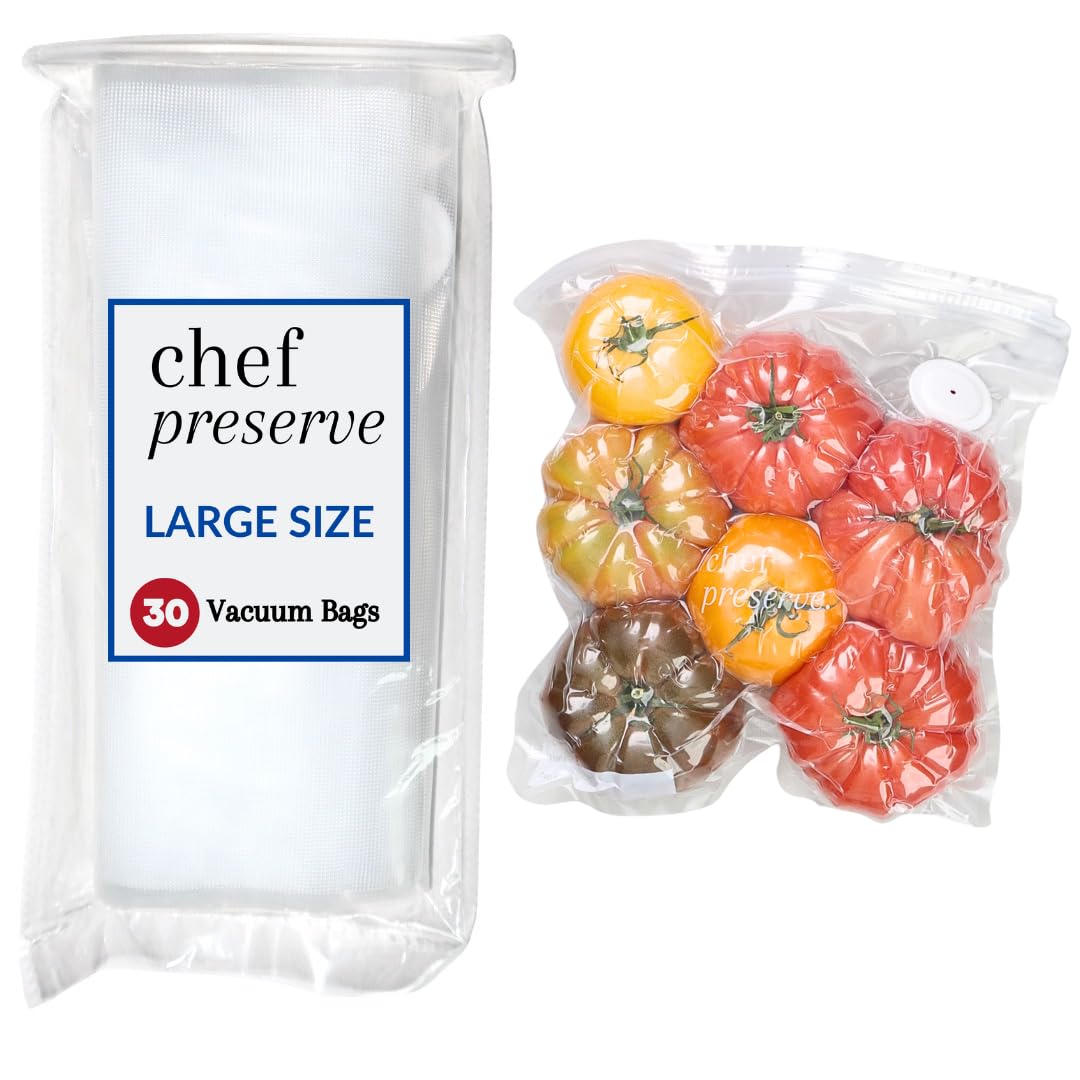 Chef Preserve Reusable Vacuum Sealer Bags for Food - 30 BPA-Free Large (12 x 13 in) Food Storage Bags, Freezer, Microwave - Odor-Resistant, Leak-Proof - Compatible with Chef Preserve Vacuum Sealers