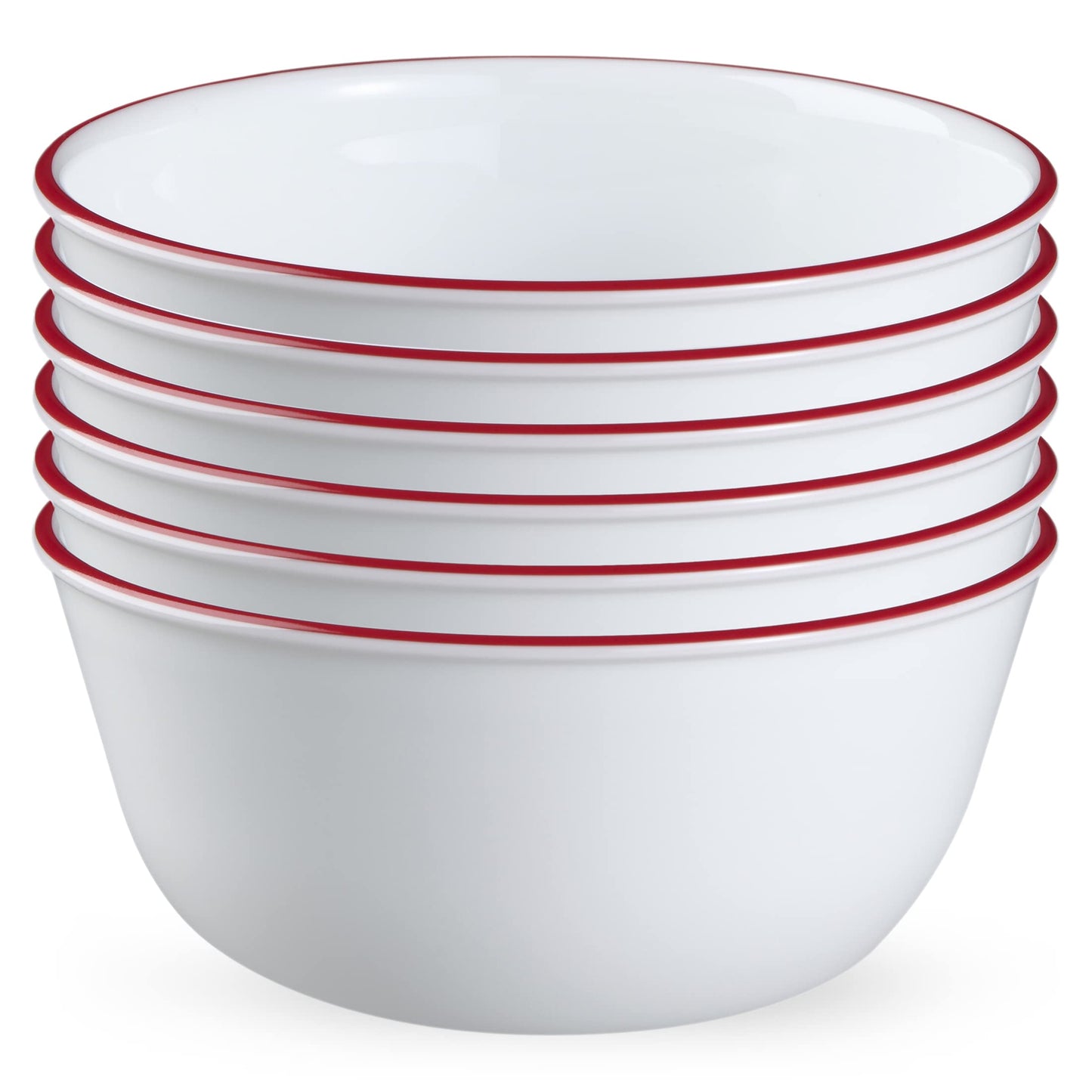 Corelle Vitrelle Glass 6-PC Bowls Set, For Soup Cereal & Dessert, Chip-Resistant & Lightweight Bowl Dinnerware Set, Red Banded 28 OZ