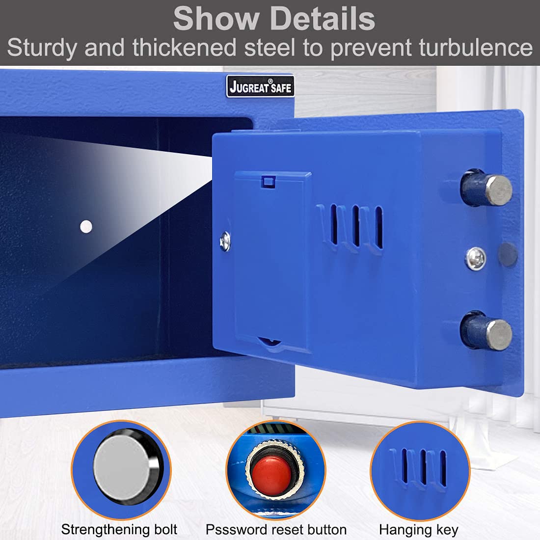 JUGREAT Safe Box with Sensor Light,Electronic Digital Security Safe Steel Construction Hidden with Lock，Wall or Cabinet Anchoring Design for Home Office Hotel Business 0.23 Cubic Feet Blue