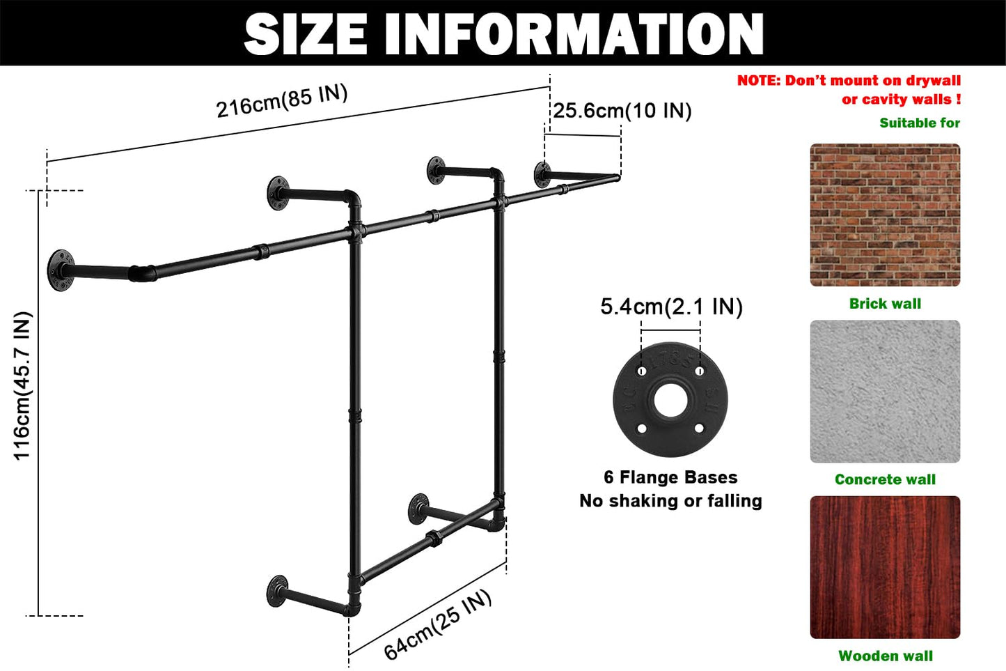Livabber Industrial Pipe Clothes Rack, Heavy Duty Detachable Iron Garment Rack Wall Mounted, Rustic Saving Space Clothes Bar Multi-Purpose Hanging Rod for Bedroom, Closet, 2 Tier, Black (82 Inch)