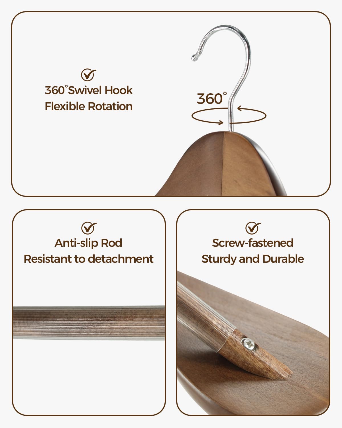 Verahaus Premium Wooden Hangers 6-Pack – Wide Shoulder Non-Slip Design for Coats, Jackets & Suits | 360° Rotating Closet Organizers | Durable & Space-Saving (Vintage Wood)