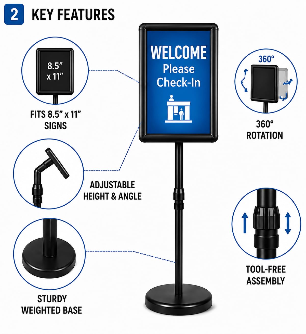 BNUM Adjustable Poster Stand 8.5 x 11 Sign Holder with Weighted Base Floor Standing Display Stand for Menus, Flyers, Check-In Signs, Weddings, Restaurants, Stores & Offices (Round Corner)