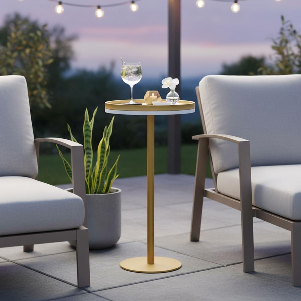 ZEXVIDA Martini Table, Small Round Drink Table with Weighted Base,Modern White & Gold Pedestal End Table with Tray Top Edge for Small Spaces, Living Room, Next to Sofa,24.7 "Tall