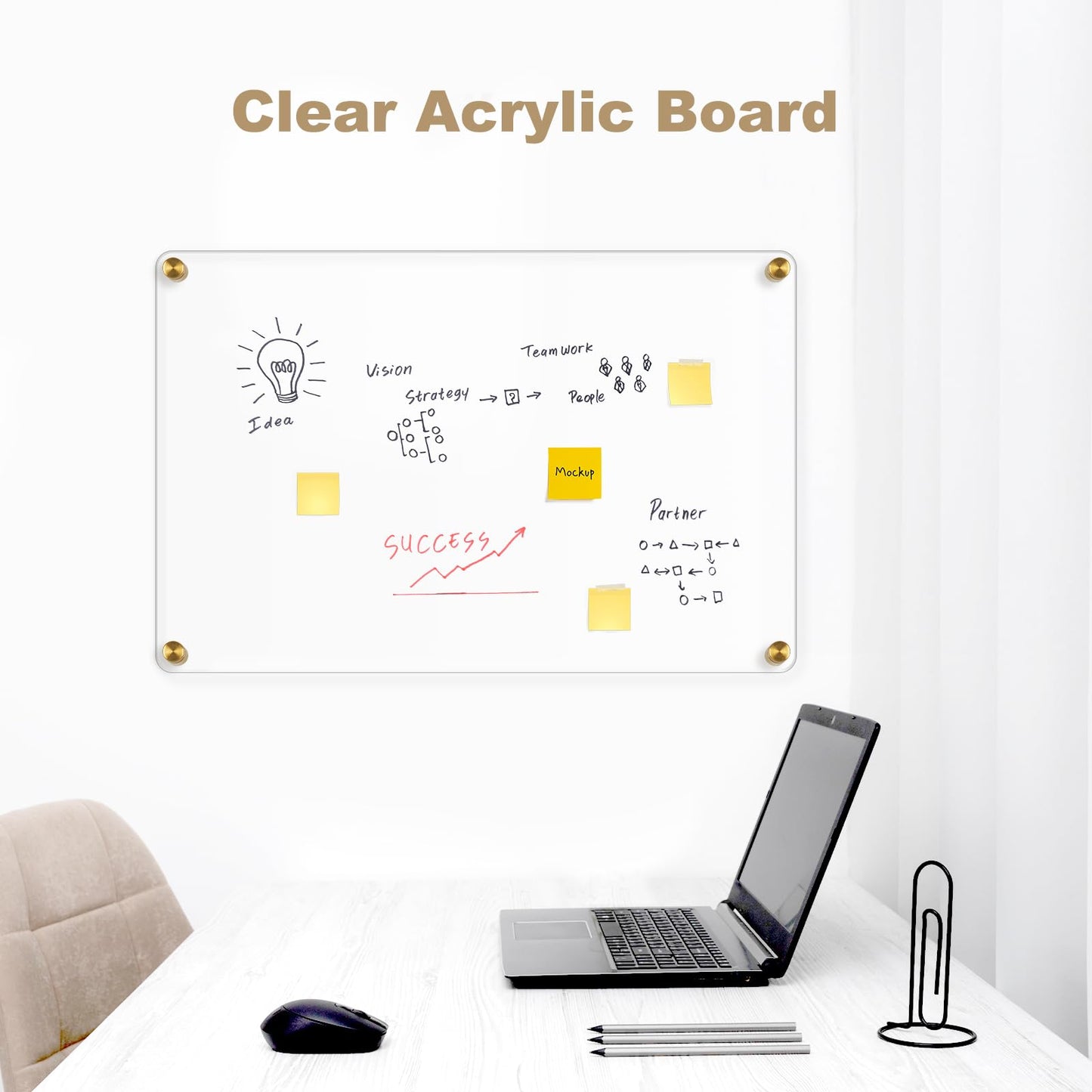 AMUSIGHT Large Clear Acrylic Dry Erase Board, 20" X 16" Golden Non-Magnetic Frameless Clear White Board for Wall, Erasable Acrylic Board for Wall, Home, Office, School, 2 Markers