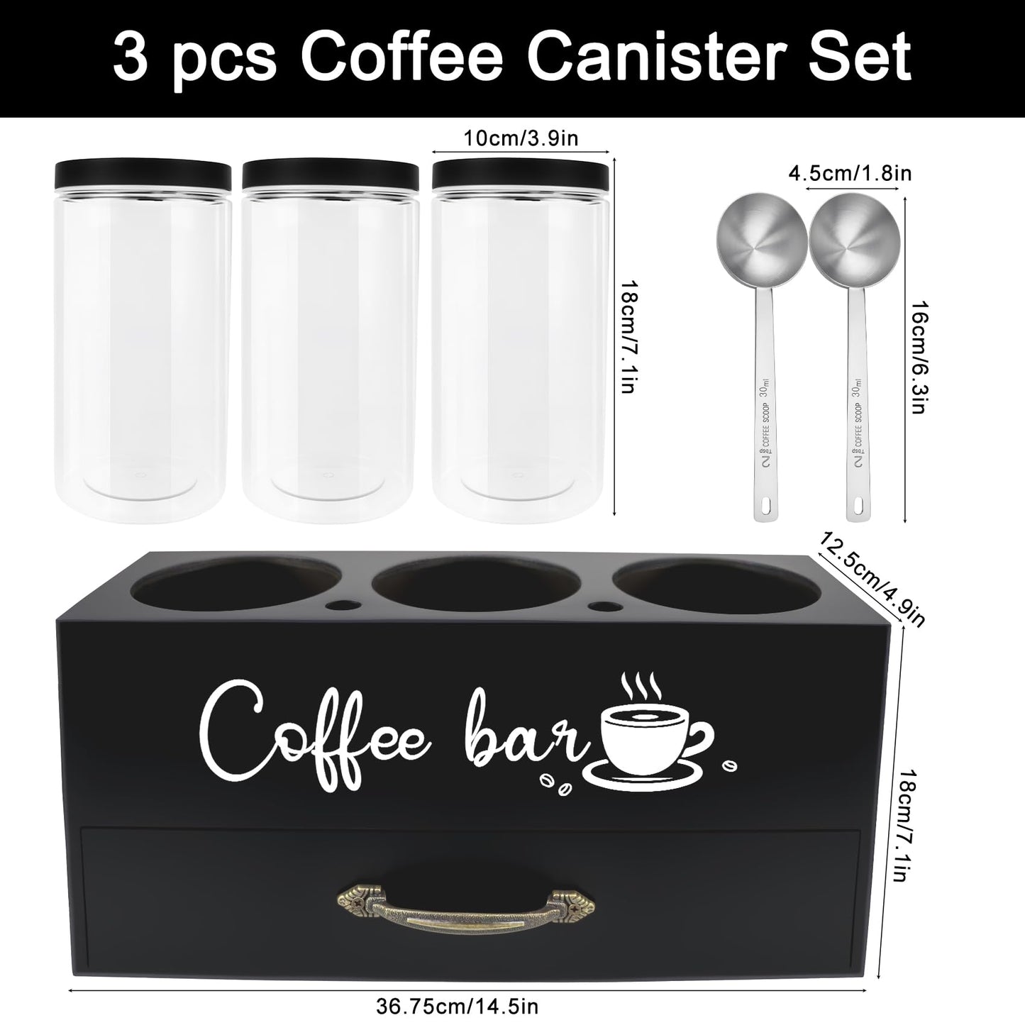 MACIFECI 54 oz Coffee Canister Set with Shelf, Coffee and Sugar Container Set of 3 Canisters Sets for Kitchen Counter, Plastic Coffee Bean Storage Container with Scoop (Black - Drawer)