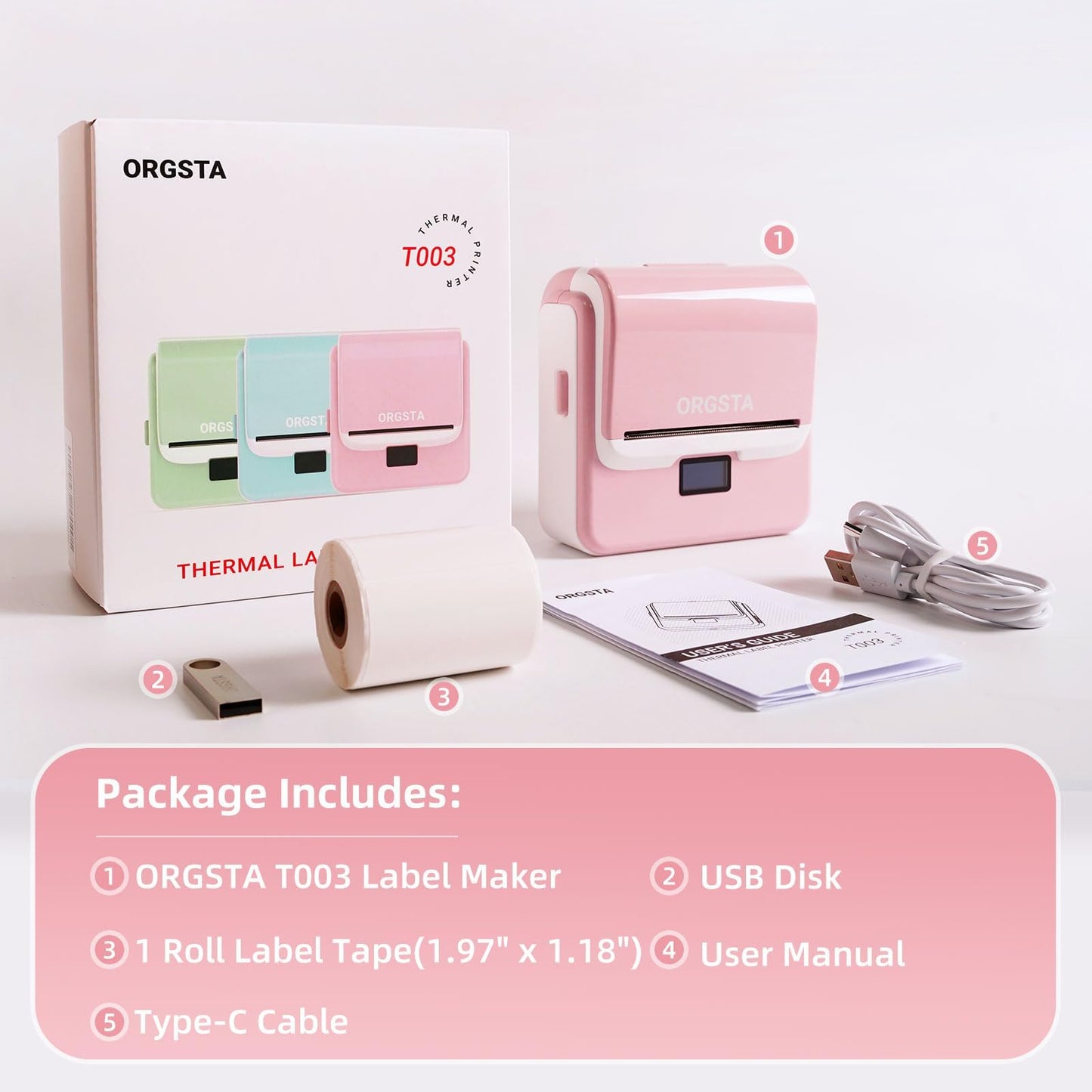 ORGSTA Label Maker Machine with Tape, T003 Thermal Label Maker, 2 Inch Bluetooth Label Printer Compatible with Phone & PC, Sticker Printer Barcode Thermal Maker for Small Business, Home, School