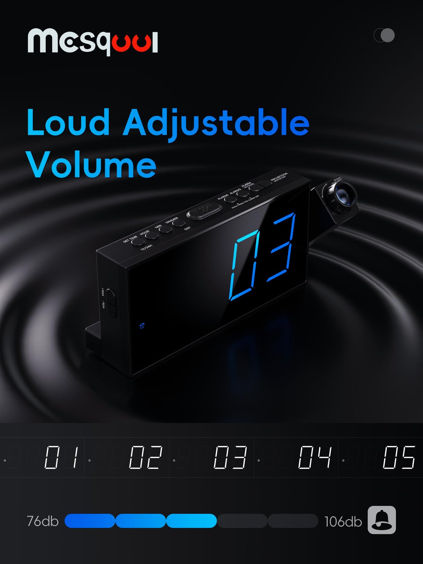 Mesqool Projection Alarm Clock with Bed Shaker, Dual Alarms, 180° Projector, 5-Level Dimmer, USB Phone Charger, Battery Backup, Loud Vibrating Alarm Clock for Heavy Sleepers, Snooze, DST