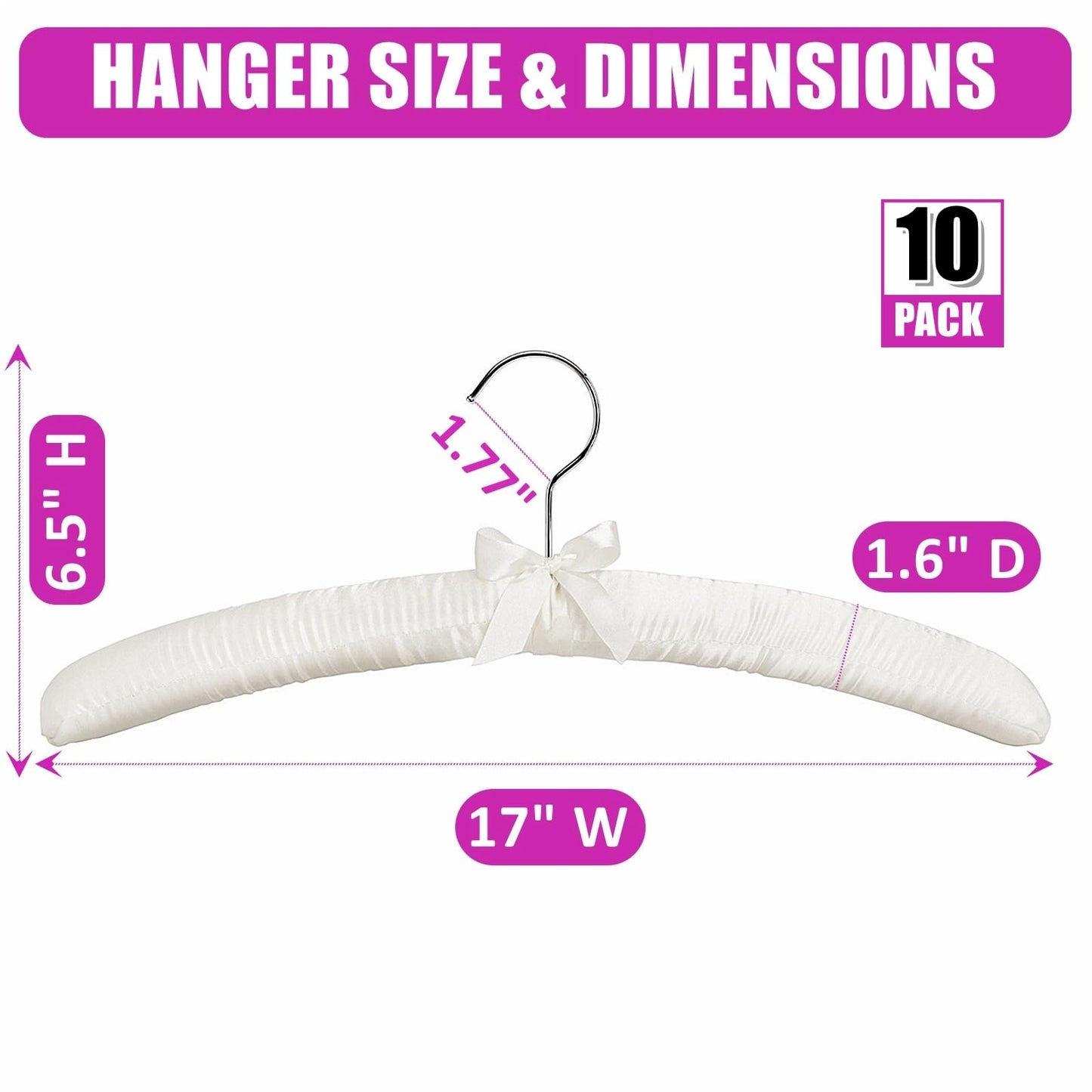 Amber Home 10 Pack Large Ivory Satin Padded Hangers, 17" Non-Slip Cushioned Hangers for Sweaters, Silk Dress, Wedding Dress, Bridal Gown, Cashmere